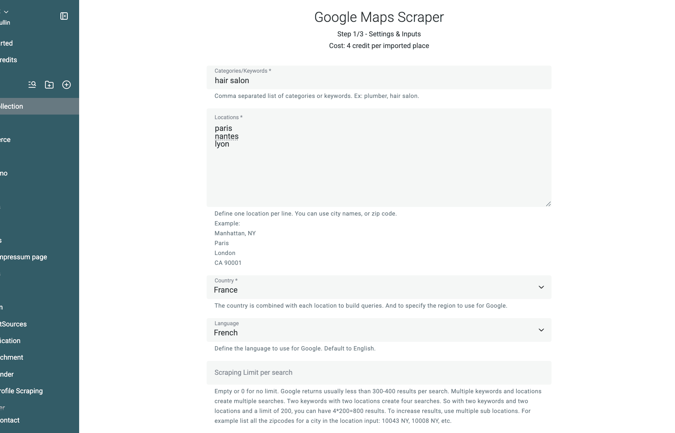 Enter Keywords, Locations, and Country in Datablist Google Maps Scraper