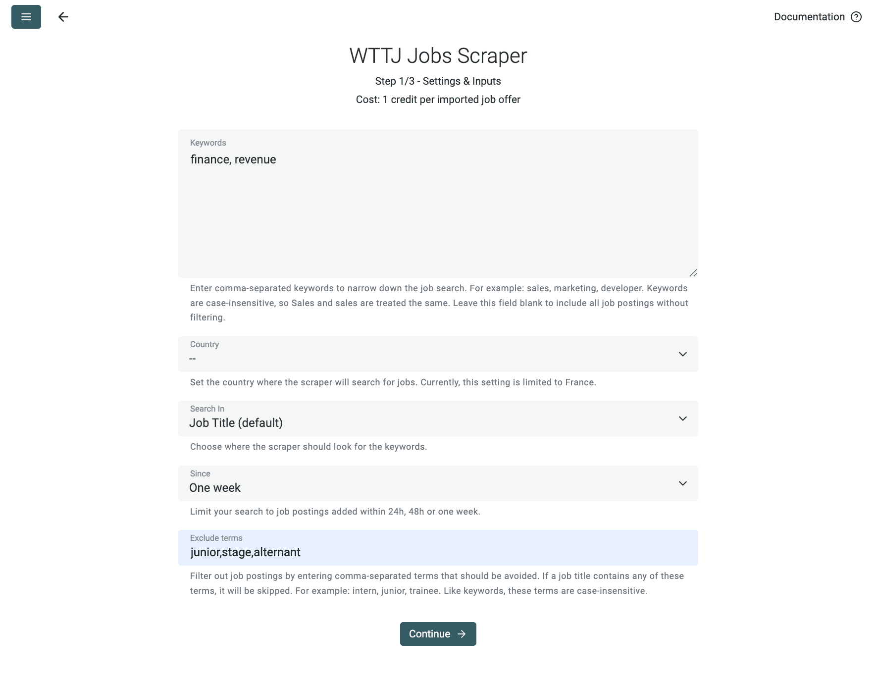 Welcome To The Jungle Jobs Scraper Settings