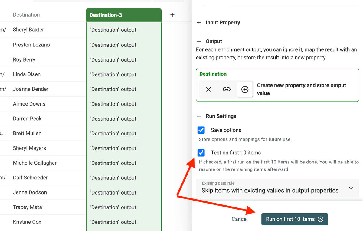 Run on the first 10 items' settings