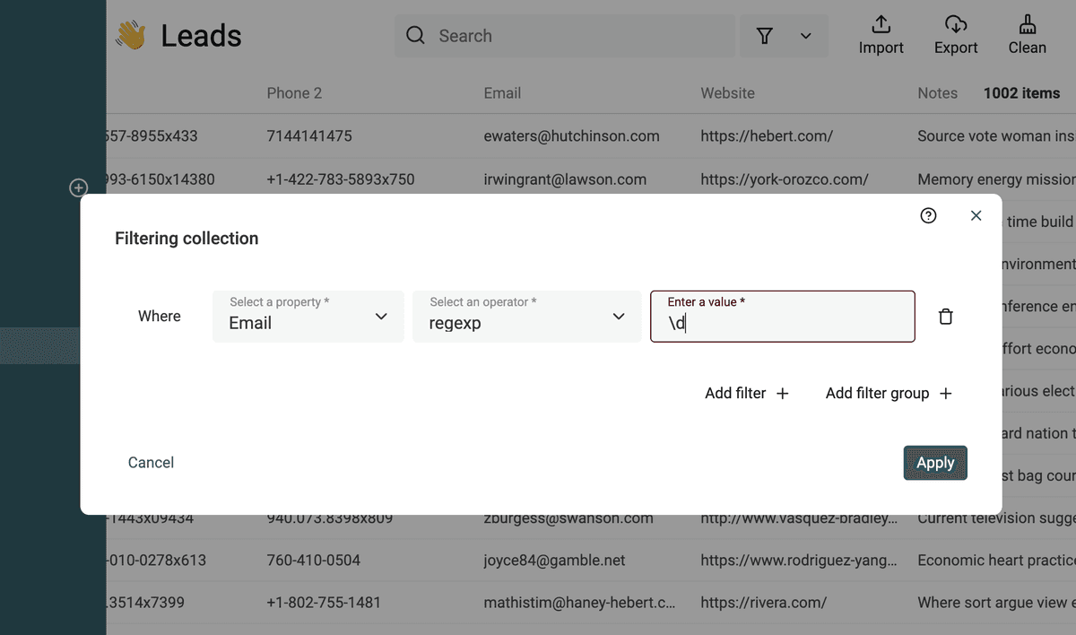 RegEx Filter modal