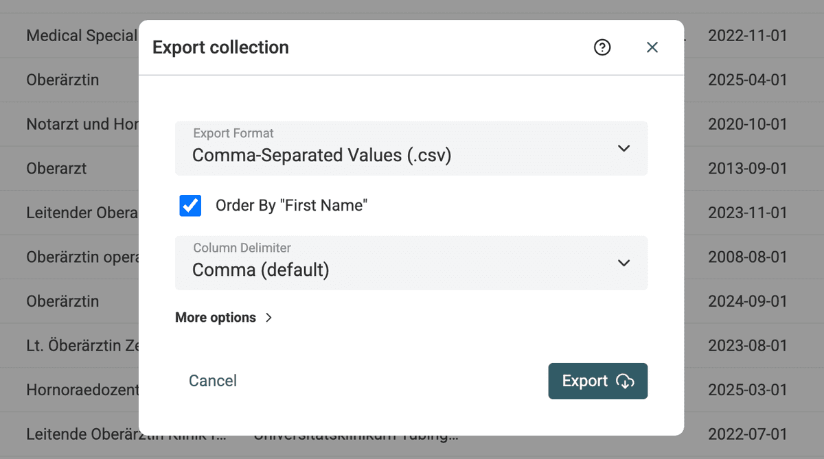 Export data in the current sort order