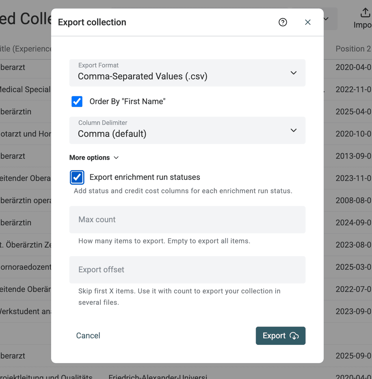Export enrichment run statuses and credit costs