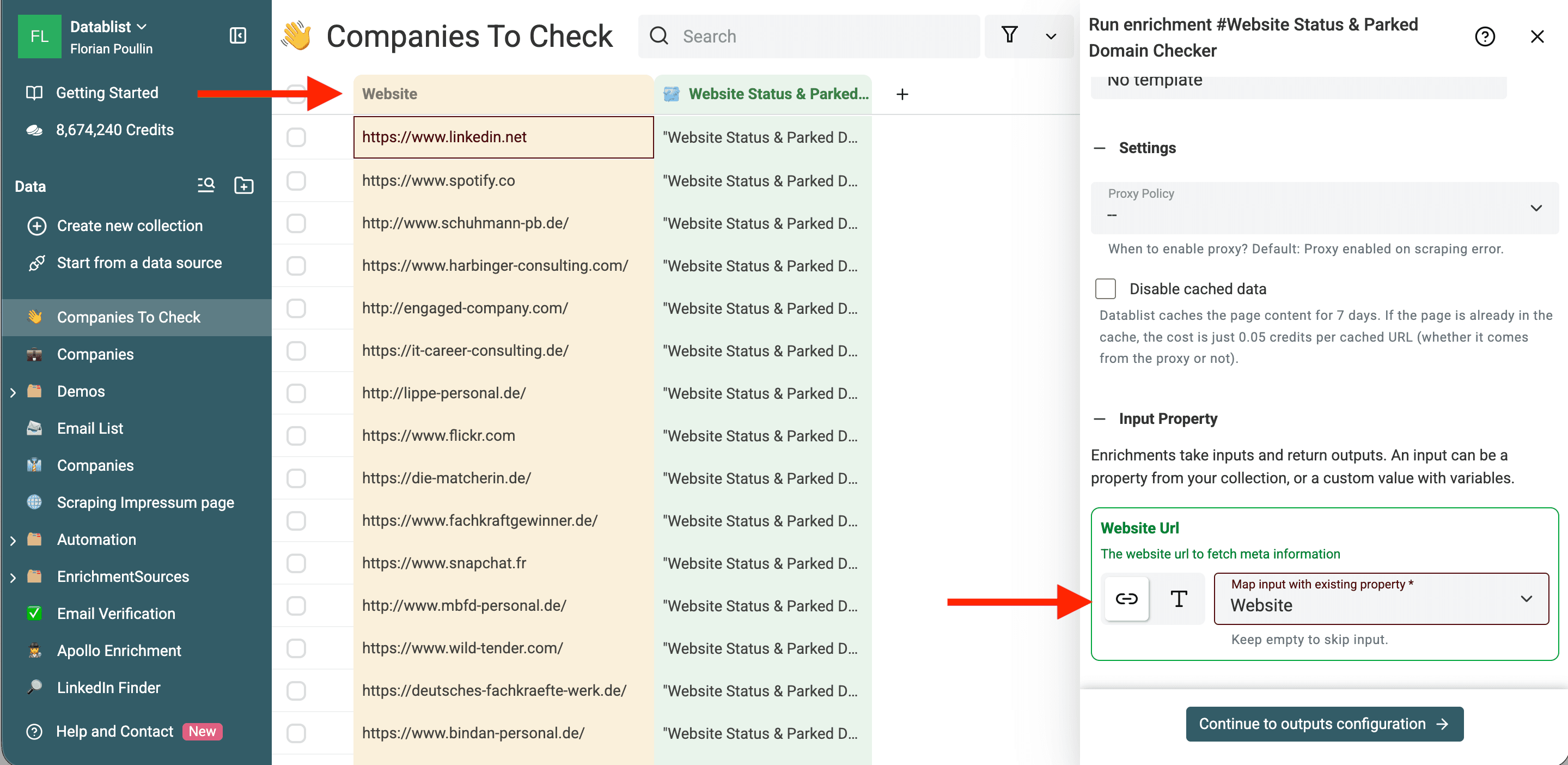 Map website field to enrichment input