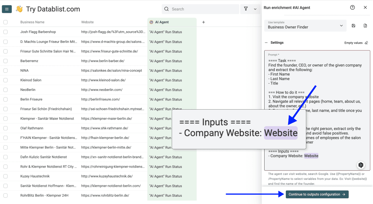 How To Find Small Business Owners - AI Agent Inputs Configured