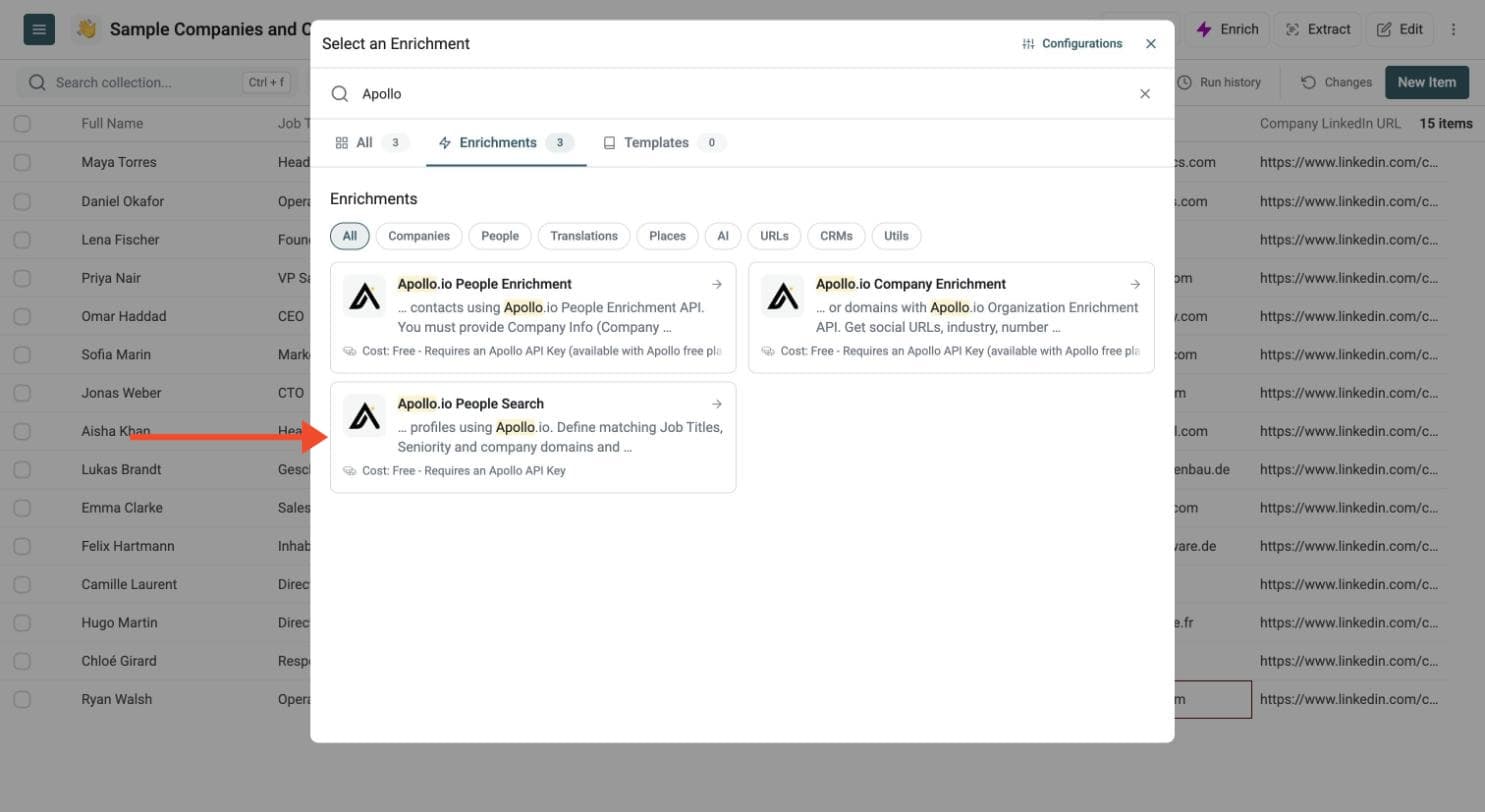 Apollo.io People Search - Navigate to the Enrichment