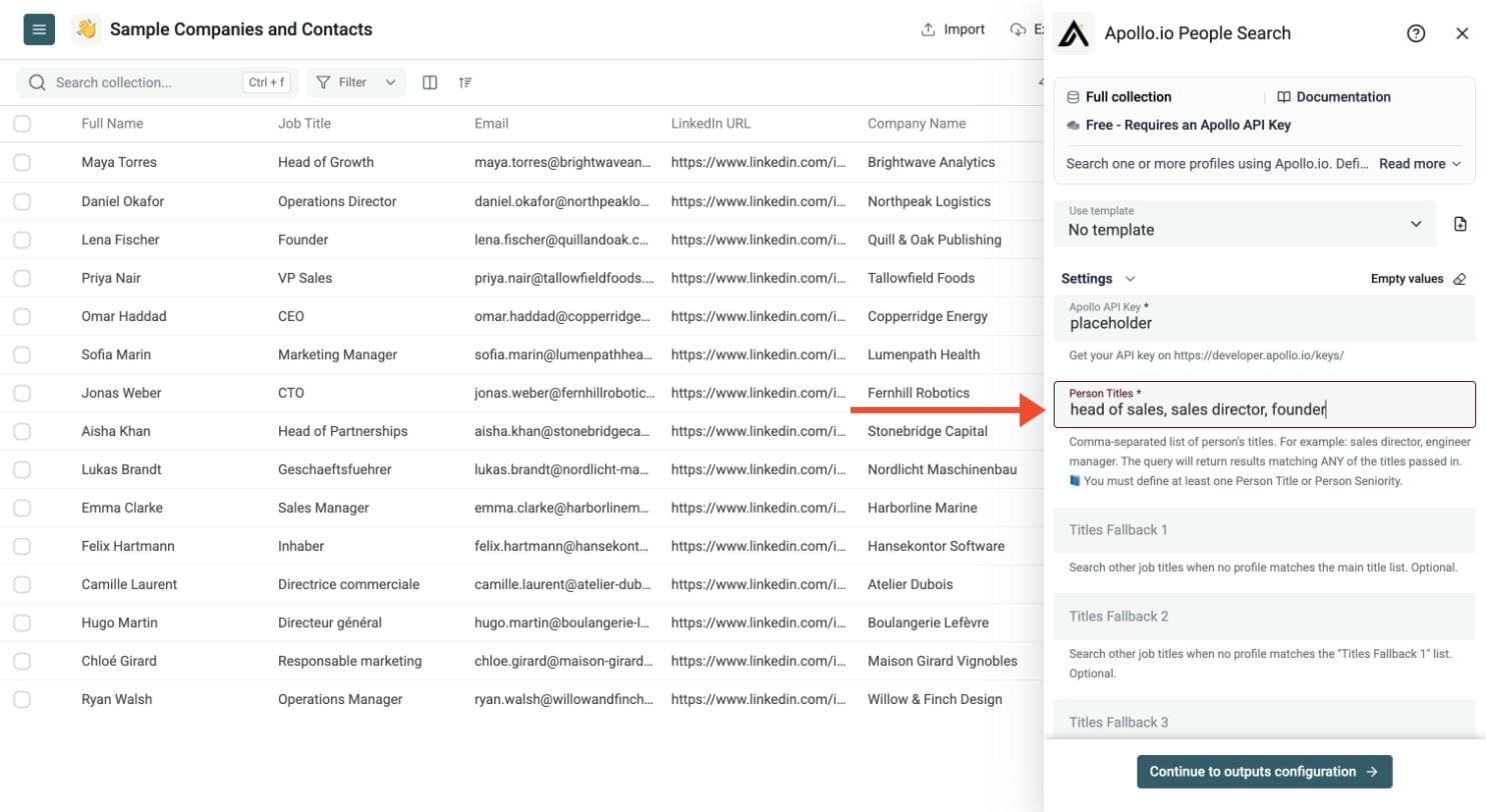 Apollo.io People Search - Set Up the Enrichment, Search Settings