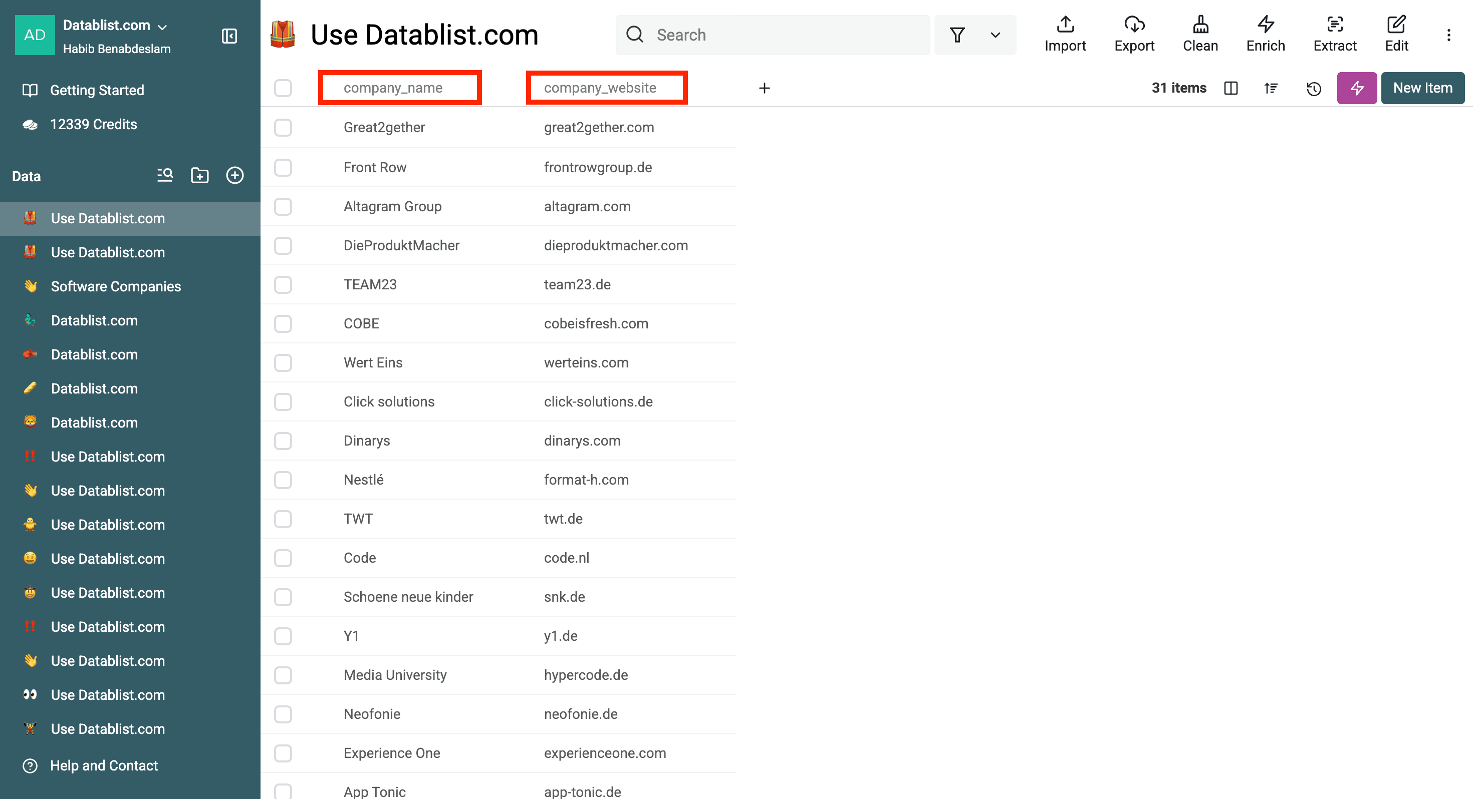 My imported CSV file
