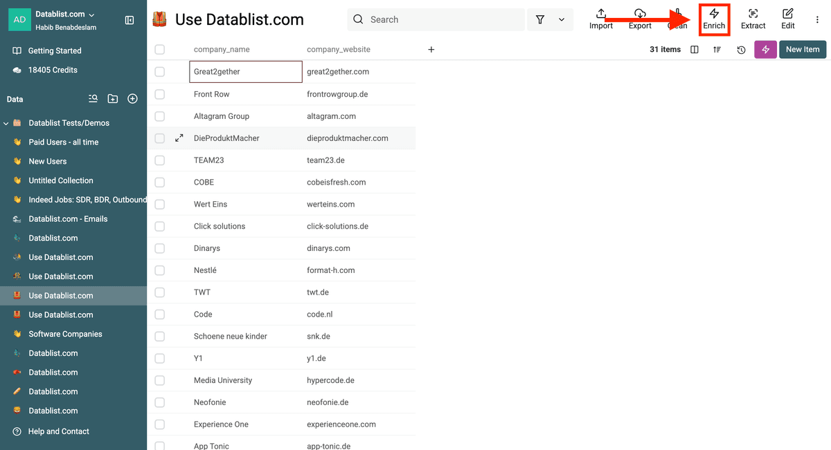 Enrich button in Datablist