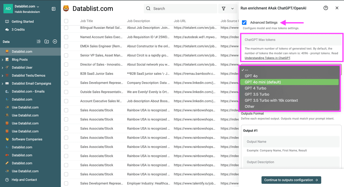Token configuration and model selection inside datablist