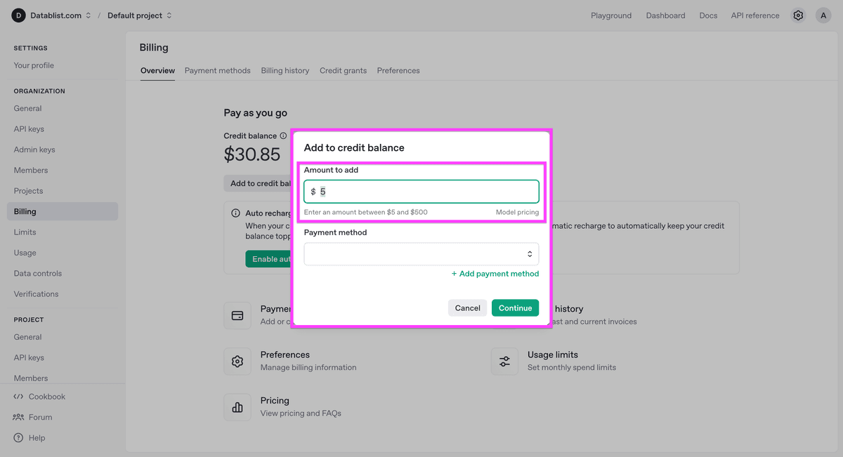 Adding $5 to the credit balance on the OpenAI account