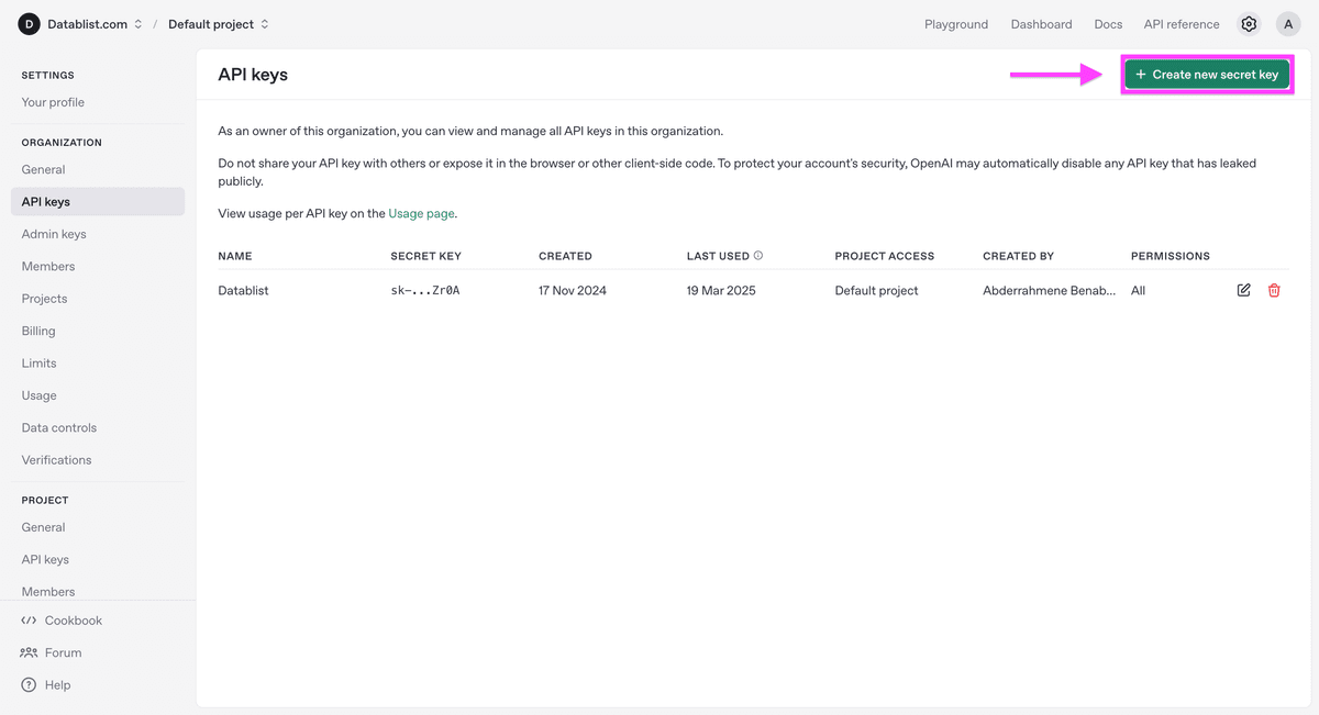 The page to create an OpenAI API key