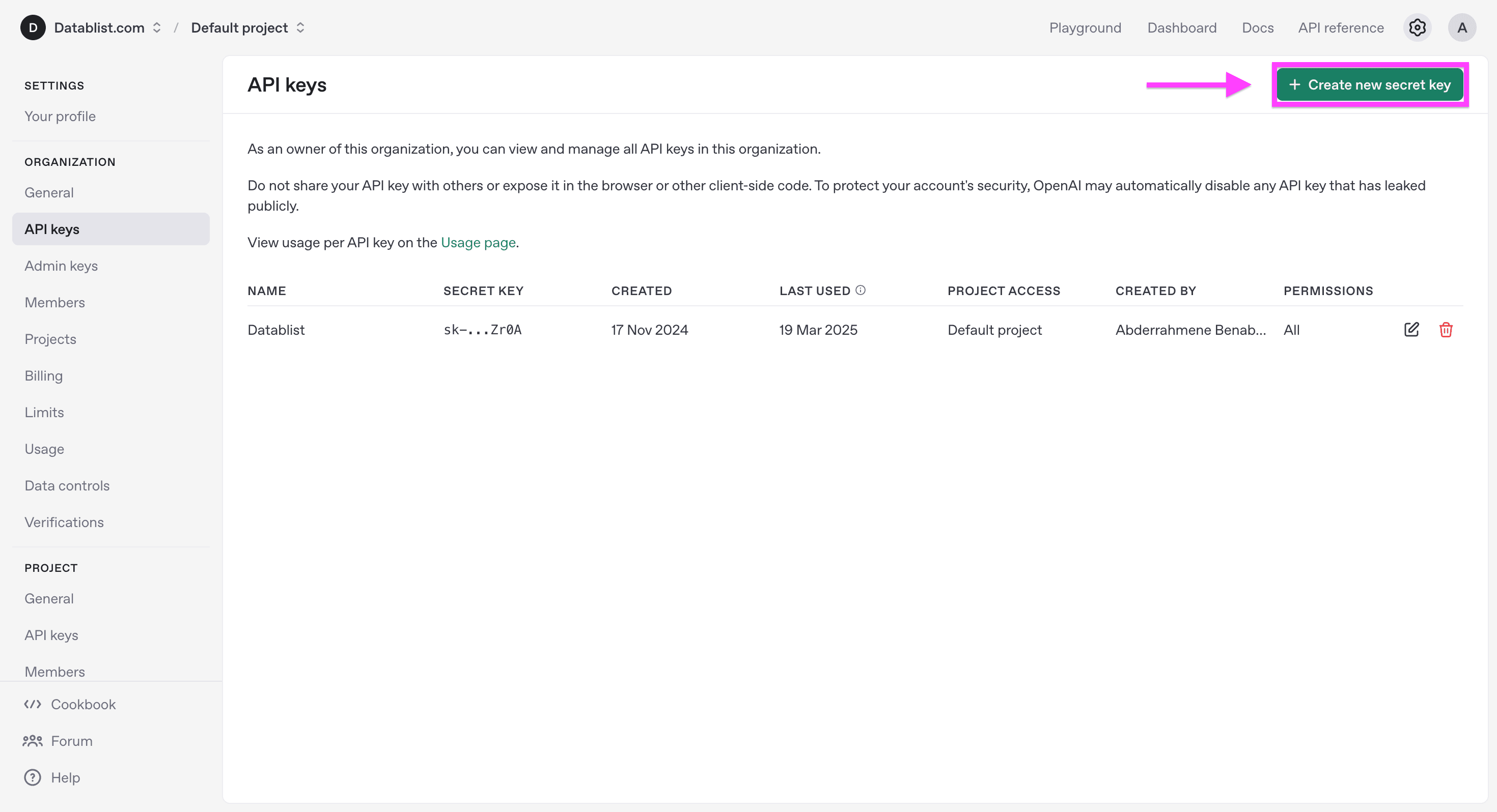 The page to create an OpenAI API key