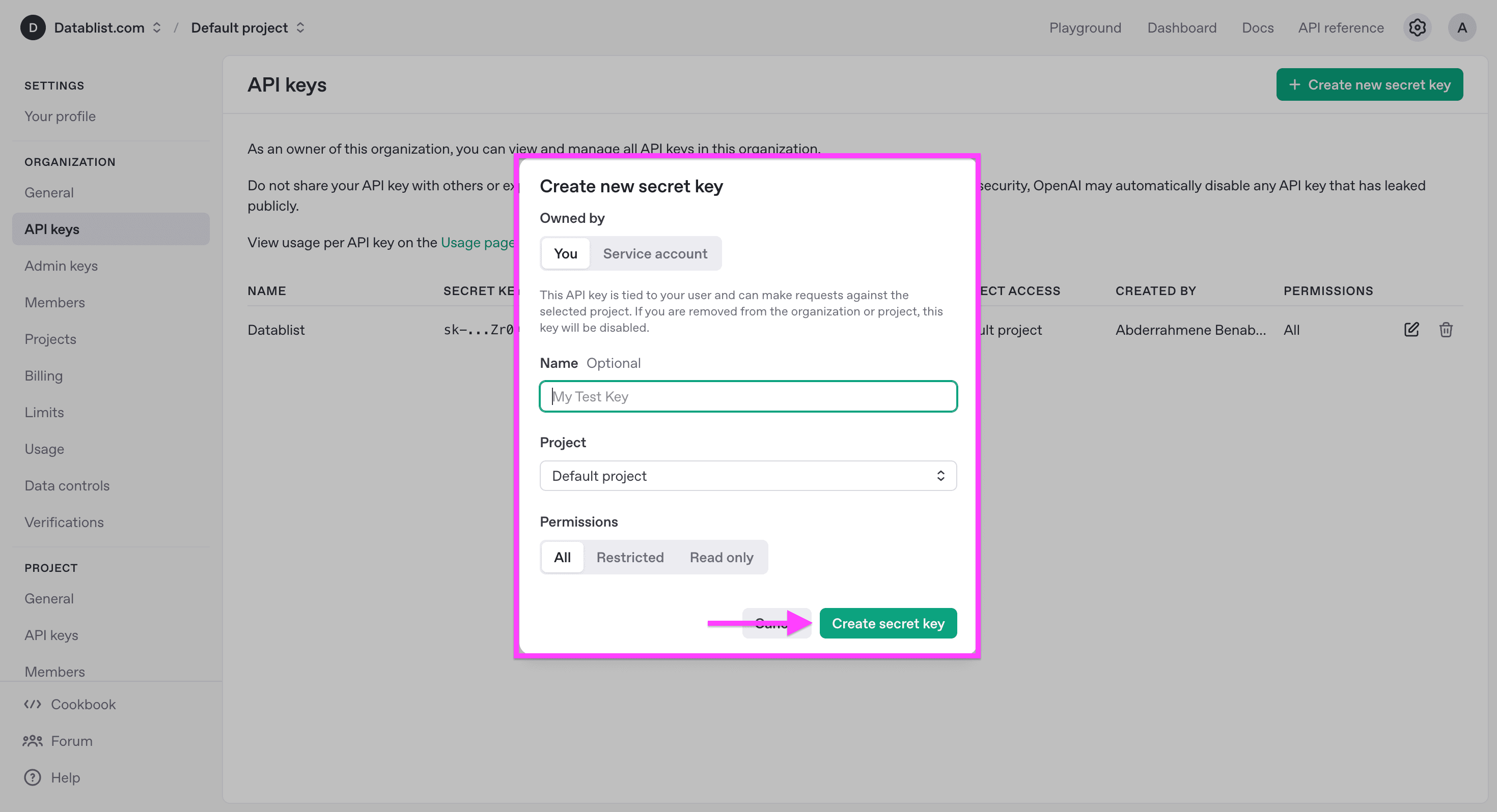 OpenAI API key settings
