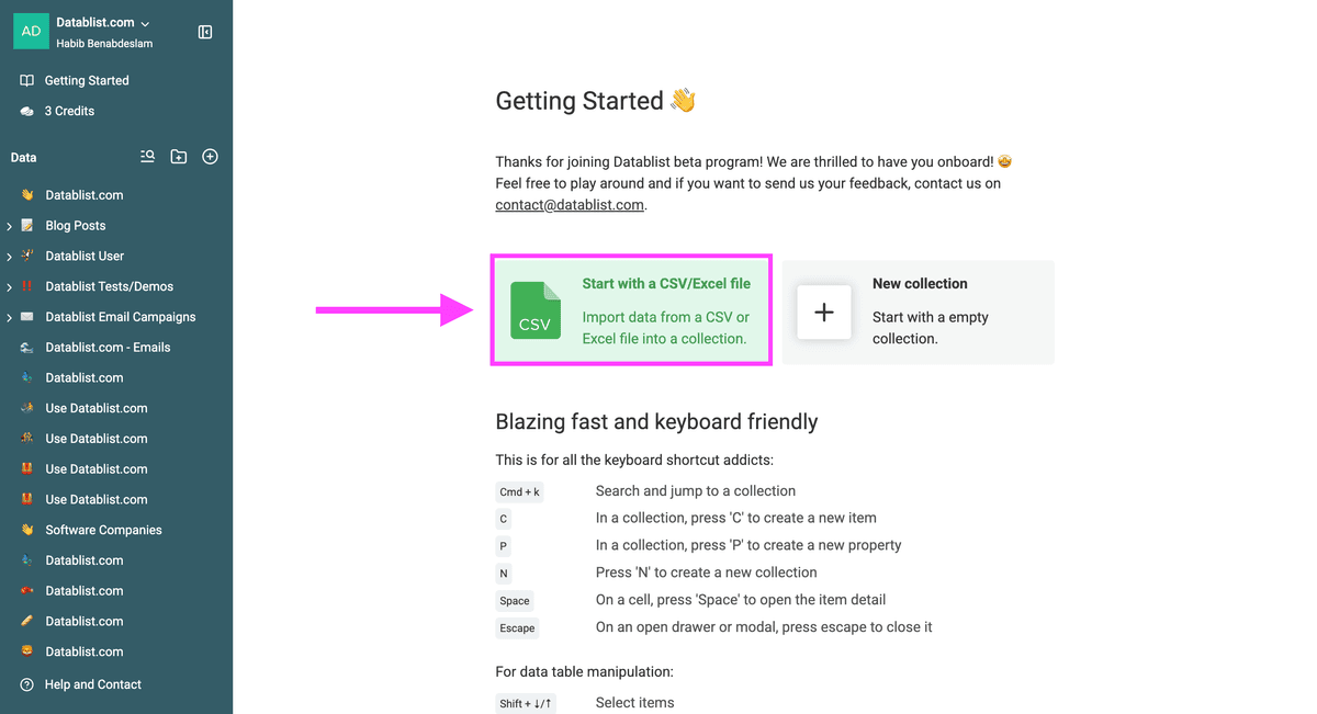 Datablist welcome page