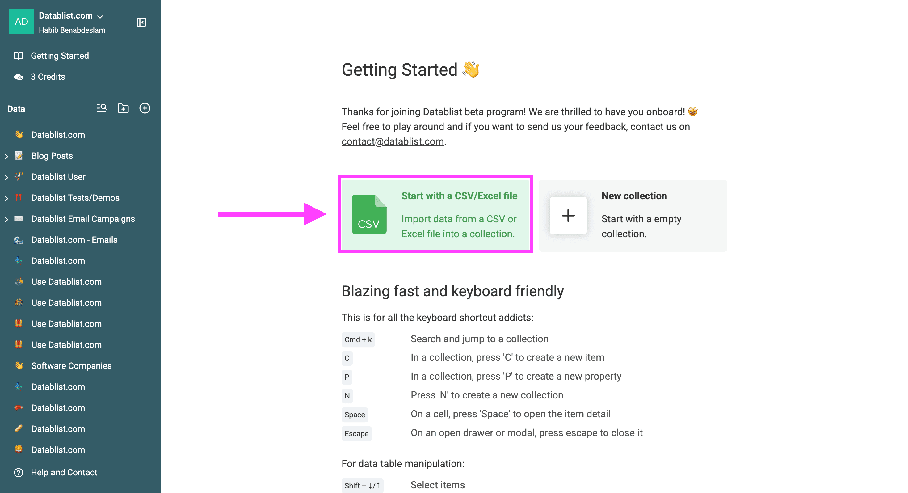 Datablist welcome page