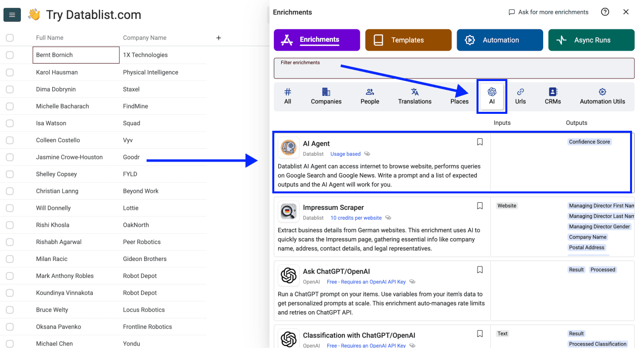 How To Use ChatGPT Search in a Spreadsheet - Navigate to AI Agent