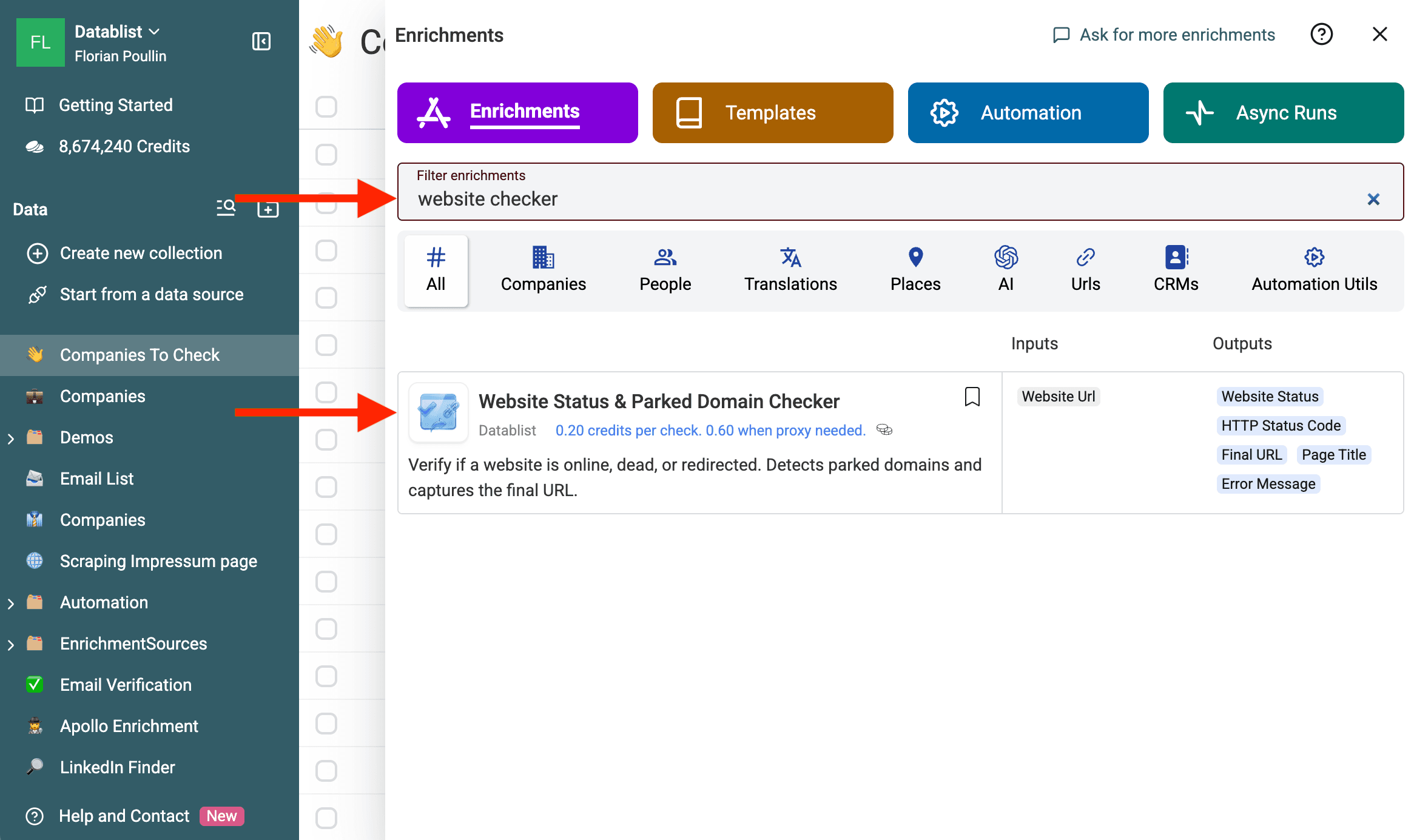 Open Website Status and Parked Domain Checker enrichment