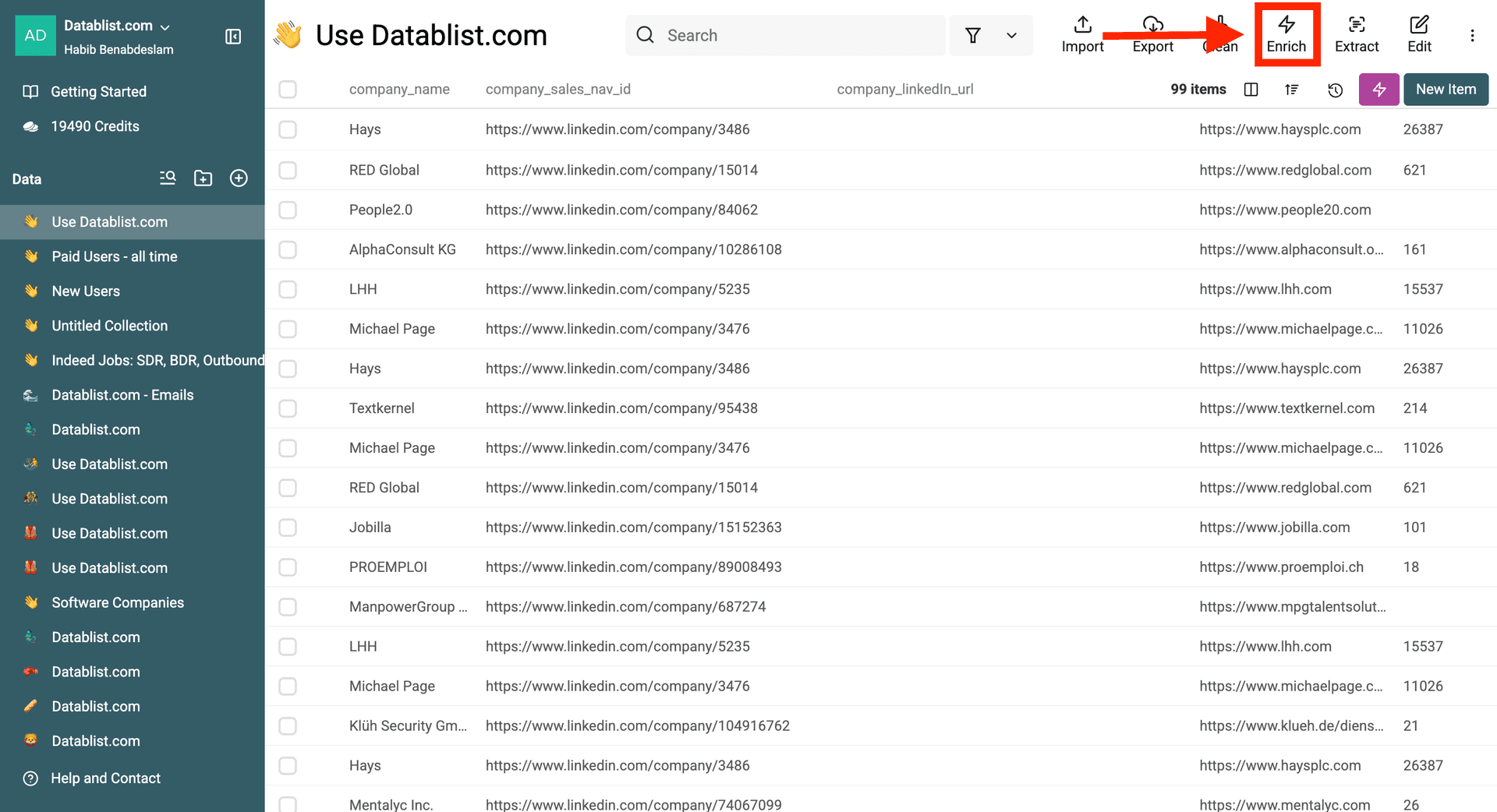 Seleccionando la opción “Enrich” en Datablist.