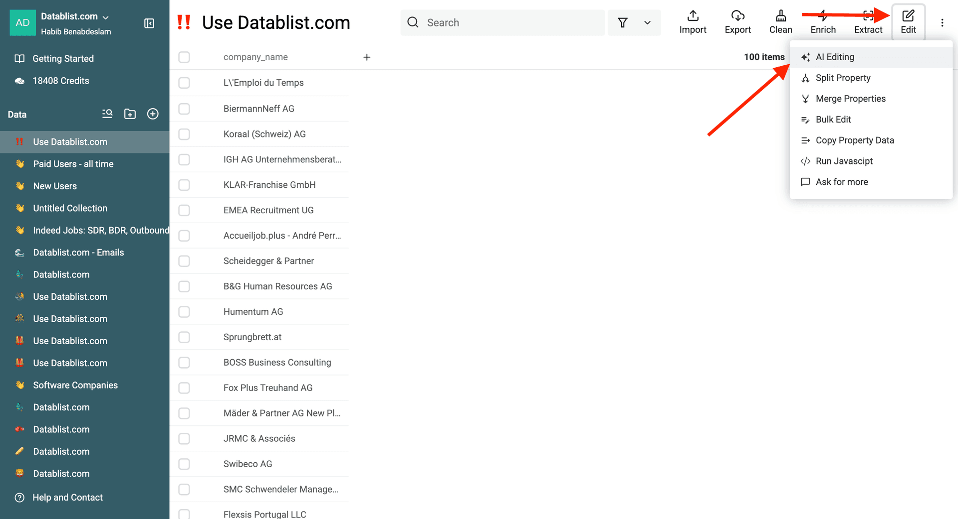 Seleccionando la función “AI Editing” de Datablist