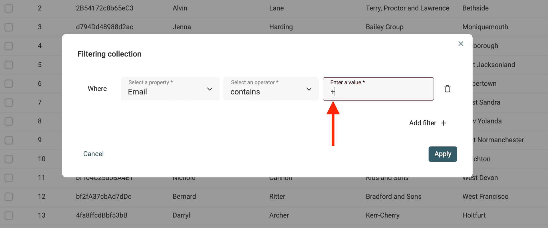 Filtrar la propiedad Email con +