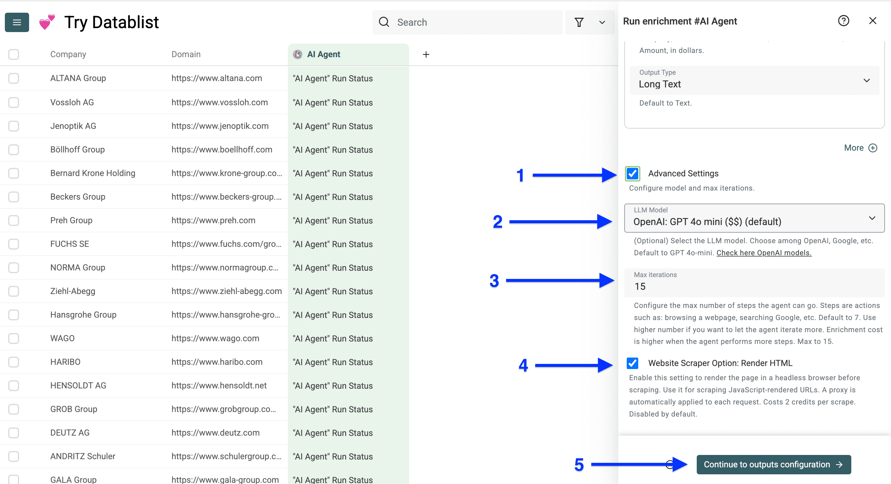 Advanced settings of Datablist’s AI Research Agent