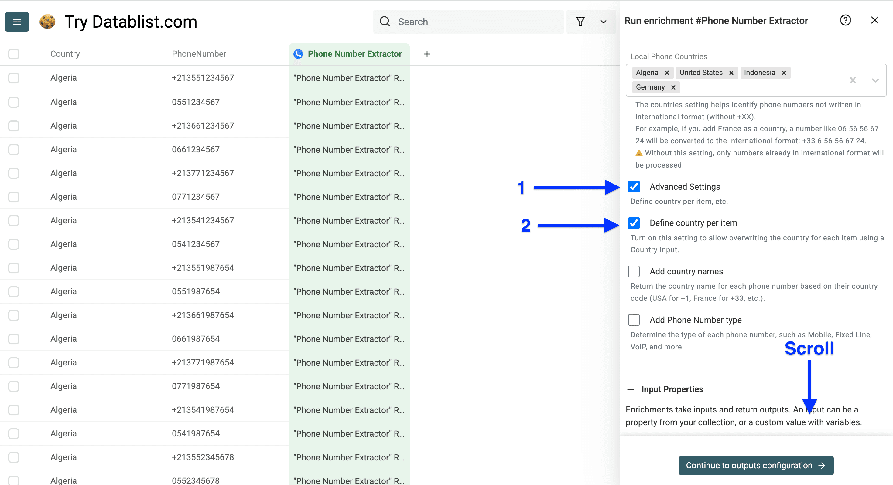 Advanced settings of Datablist’s phone number formatter