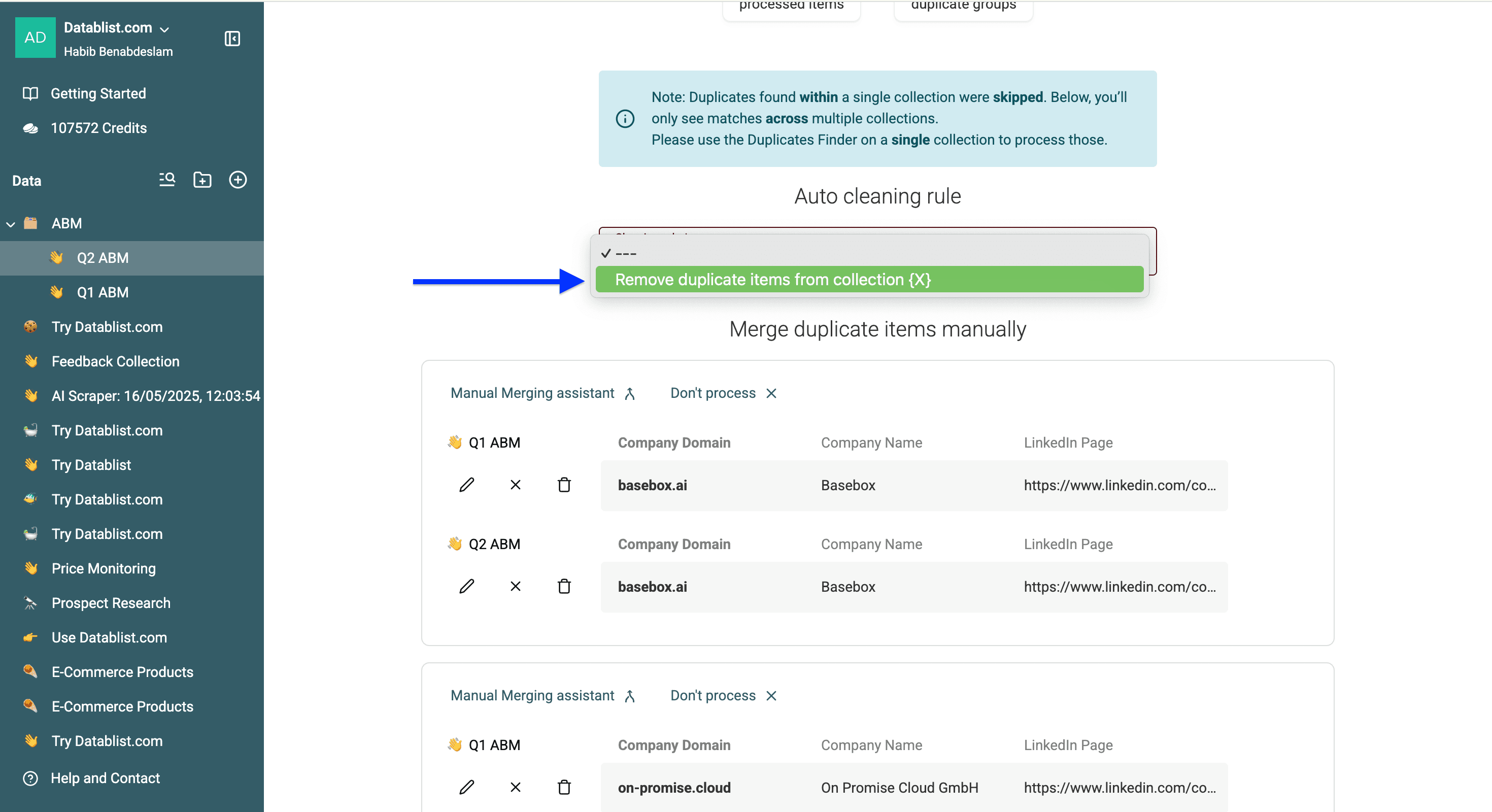 Cleaning rule configuration of multi-collection deduplication