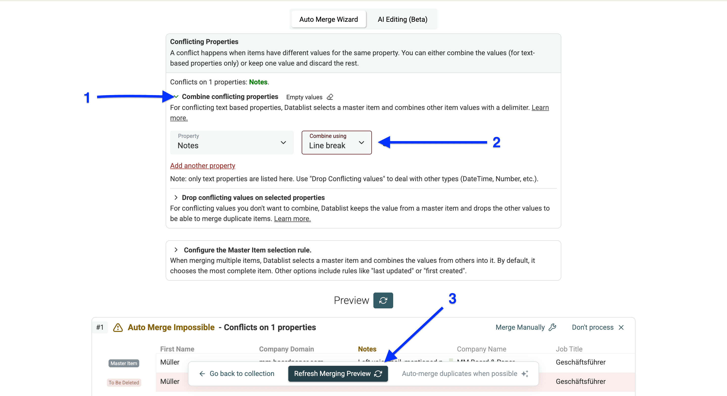 Conflict handling settings of column-based deduplication
