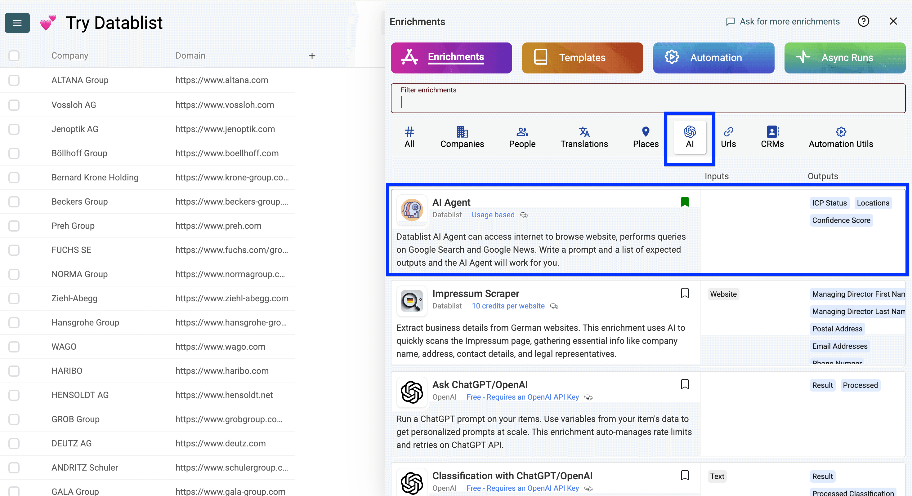 Datablist’s AI enrichment listing, AI Agent