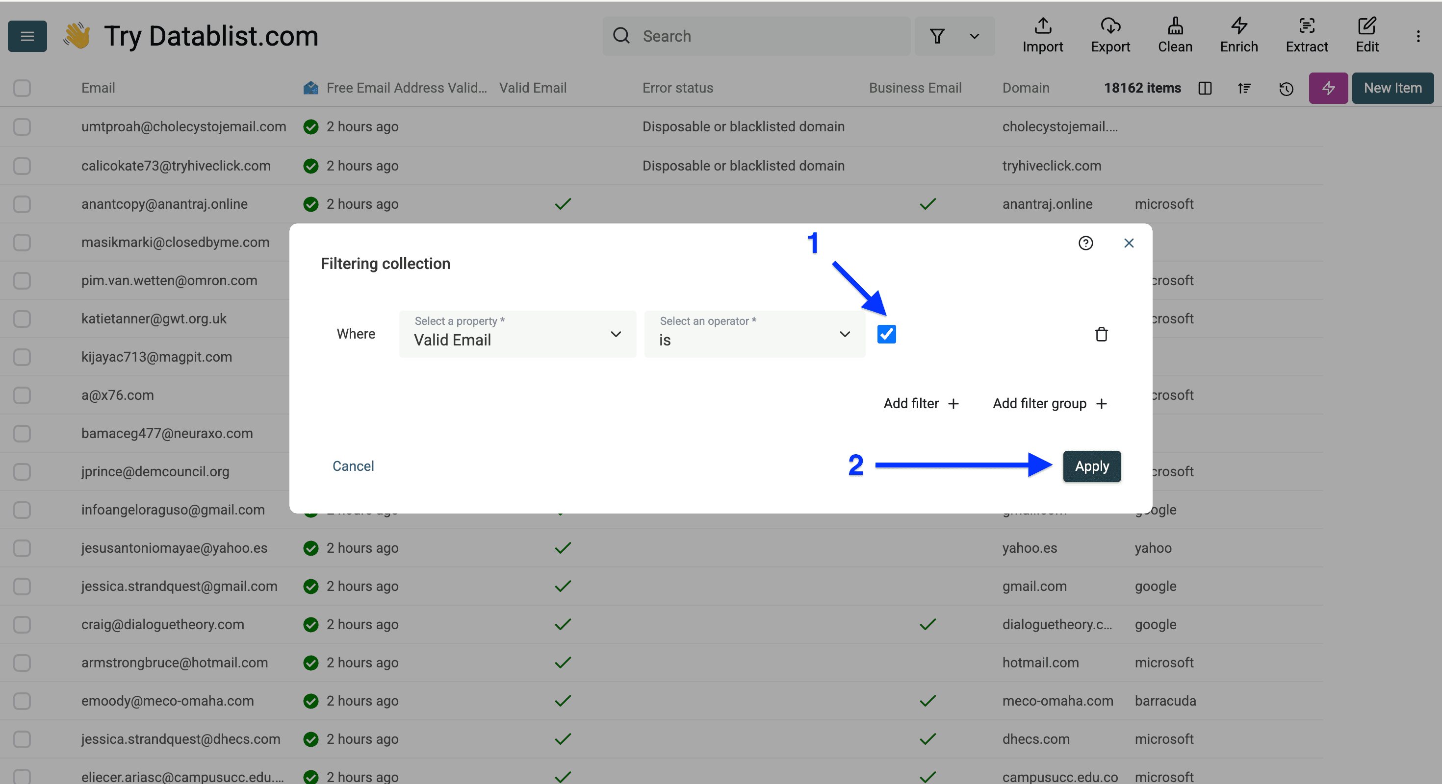 Datablist collection, filter pop-up