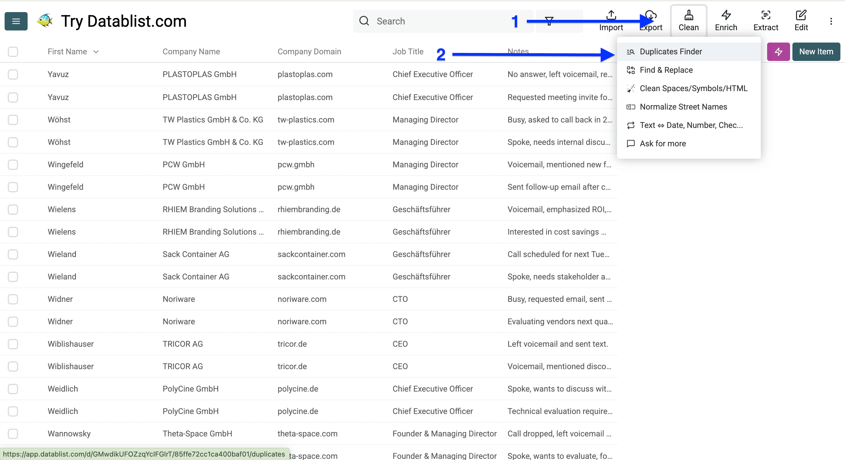 Datablist collection for column-based deduplication