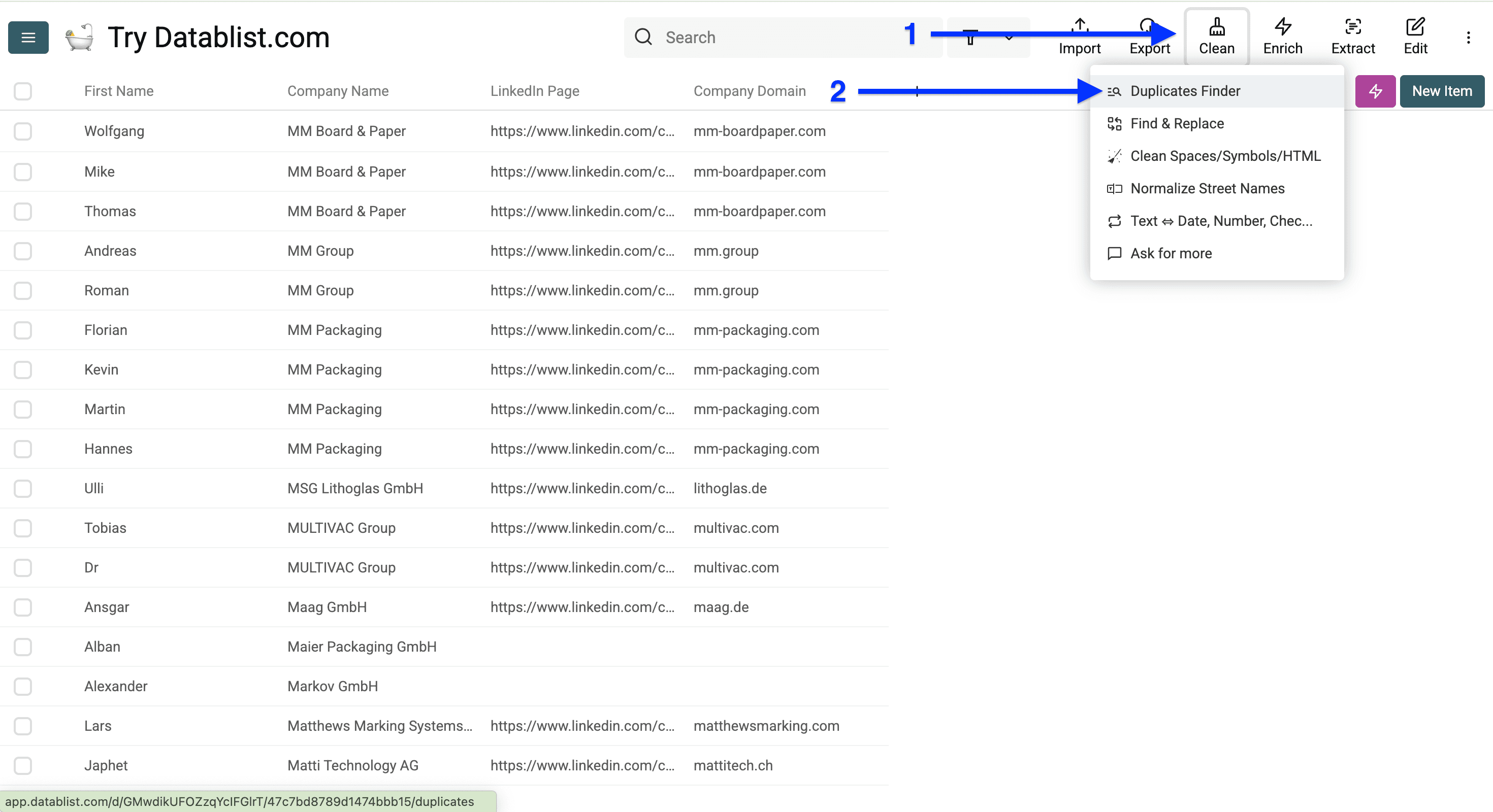 Datablist collection for contact deduplication