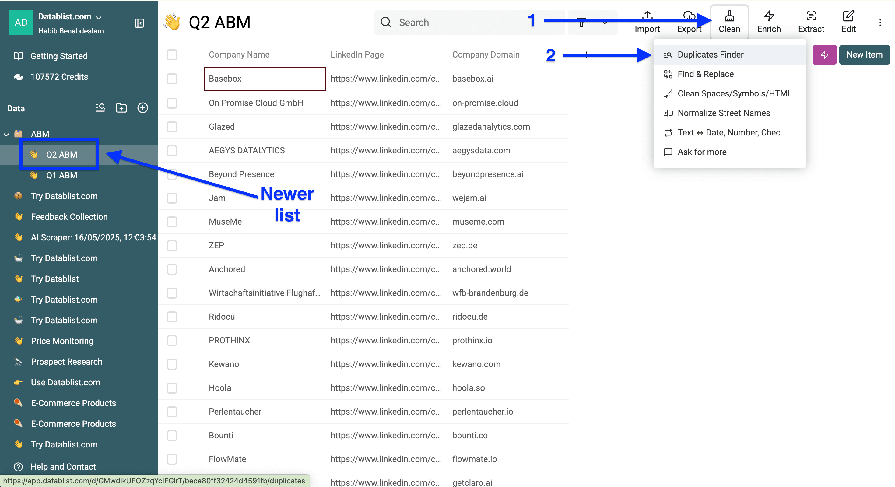 Datablist collection for multi-collection deduplication