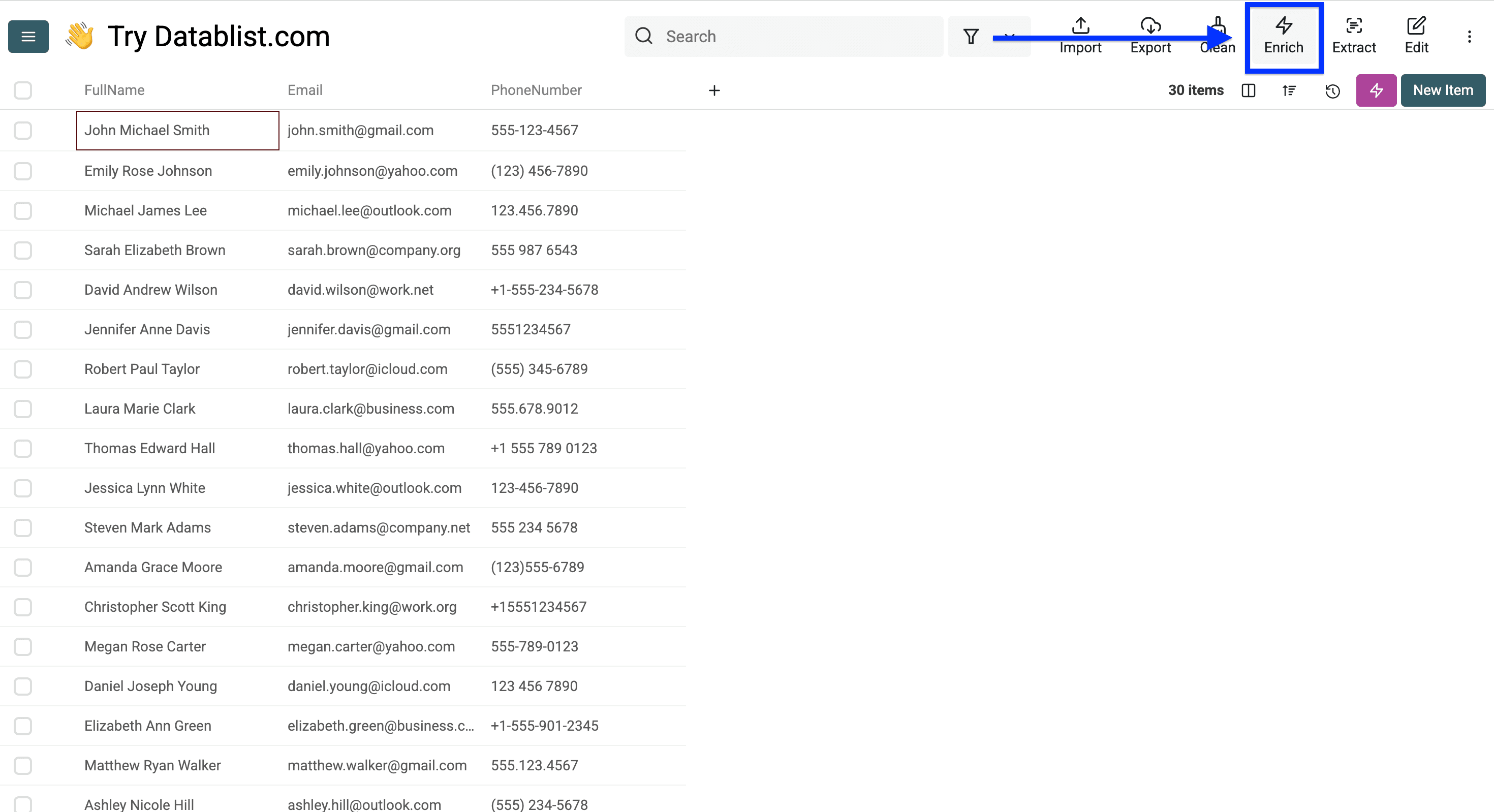Datablist collection for splitting first, middle and last names