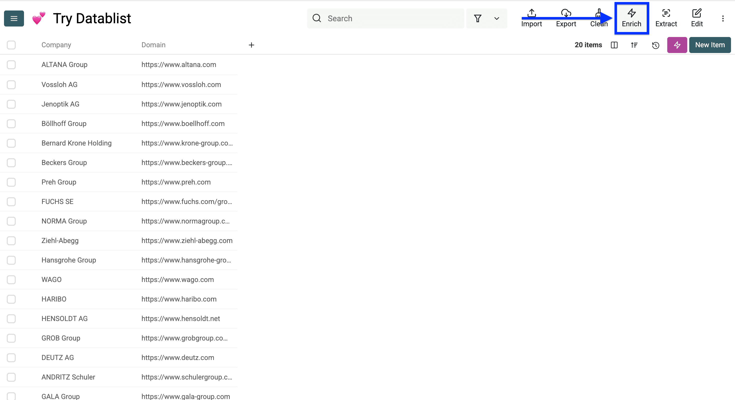 Datablist collection with companies for automated location research