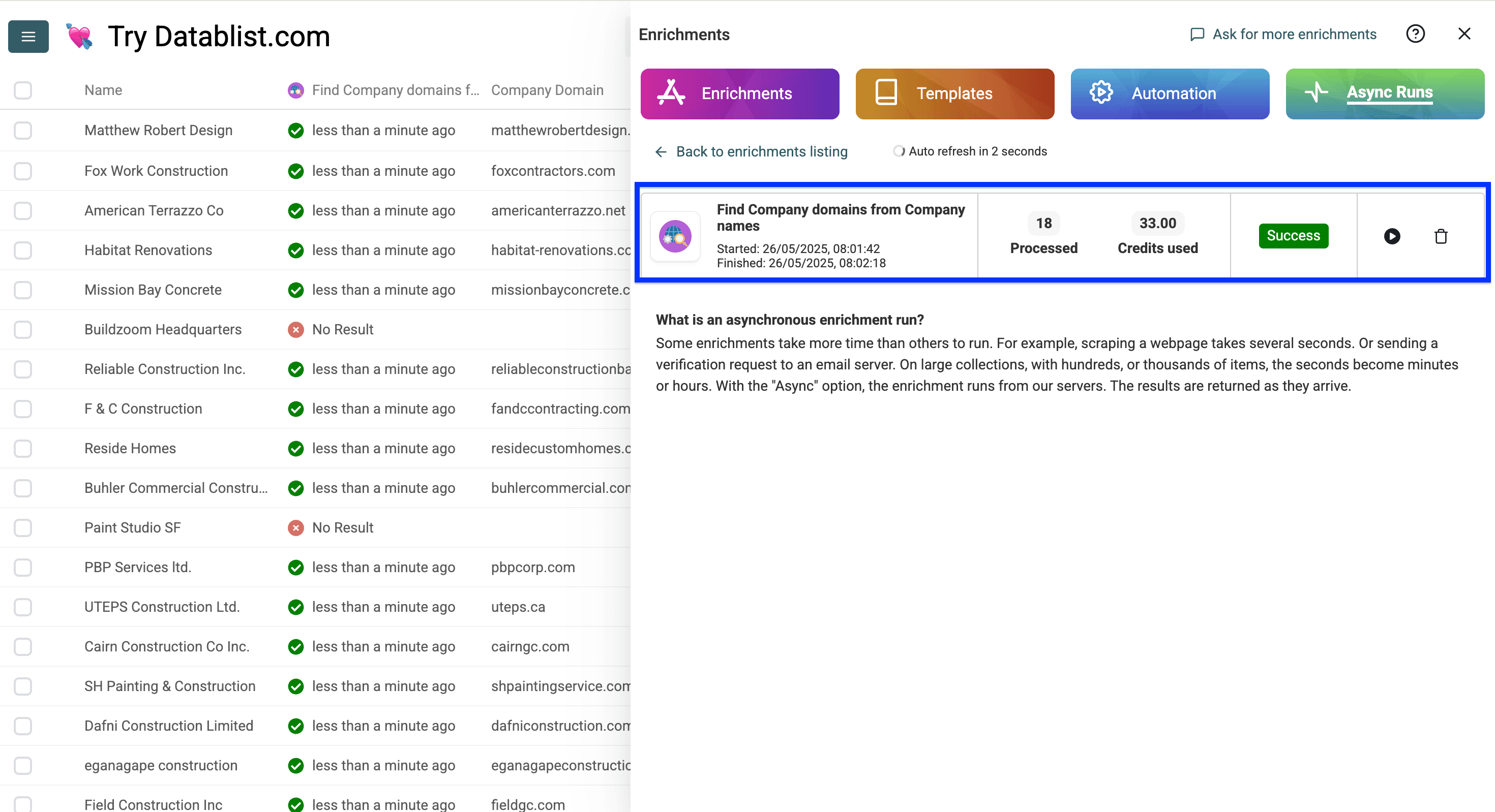 Datablist enrichment log, Domain Finder