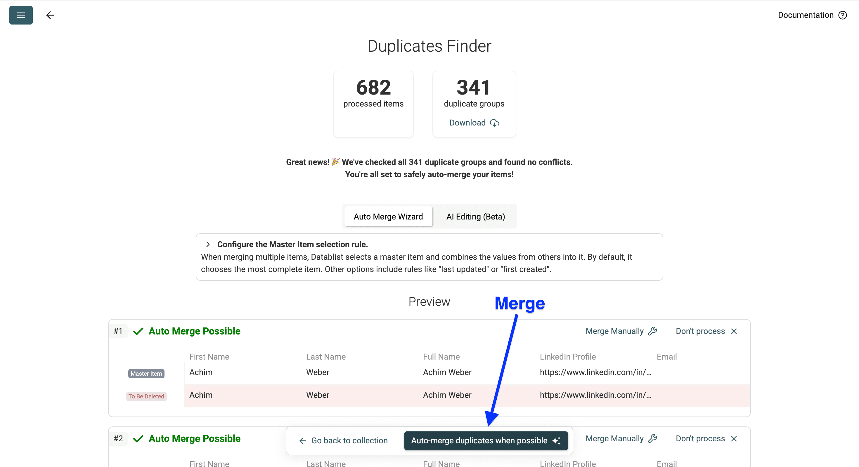 Datablist’s merging preview for deduplication