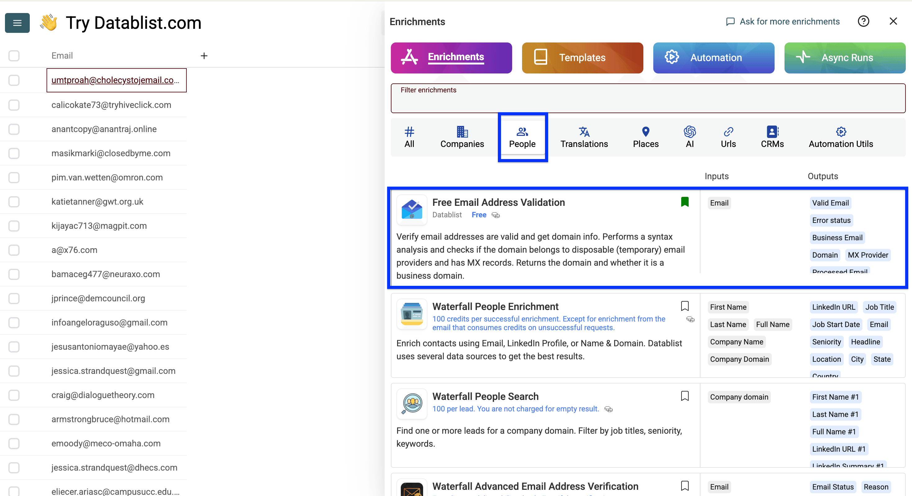 Datablist people enrichment listing, free email validation