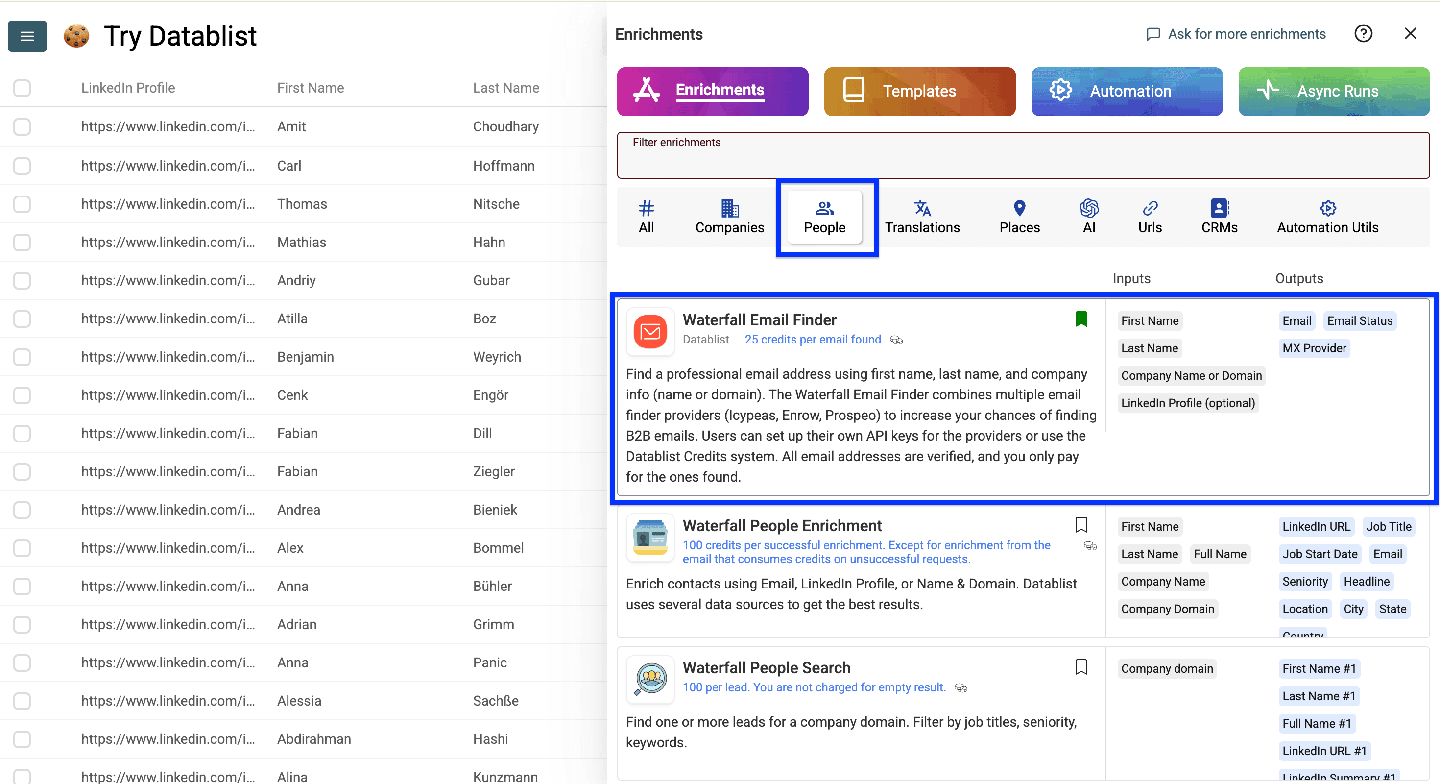 Datablist’s people enrichment listing, Waterfall Email Finder