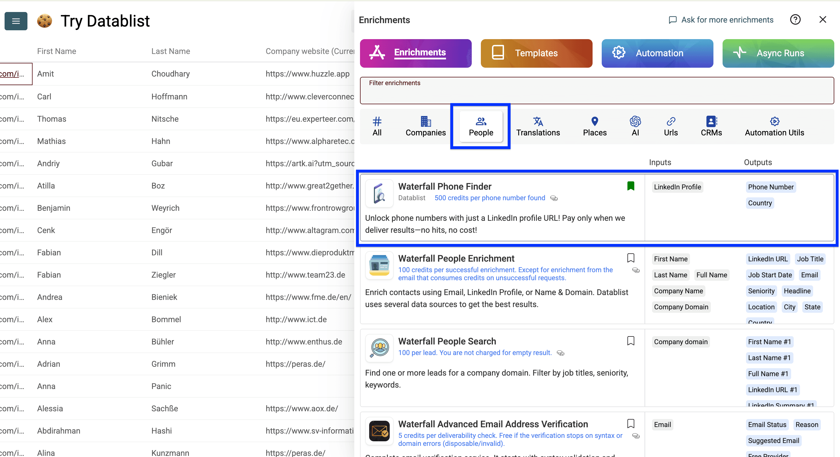 Datablist people enrichment listing, phone number enrichment