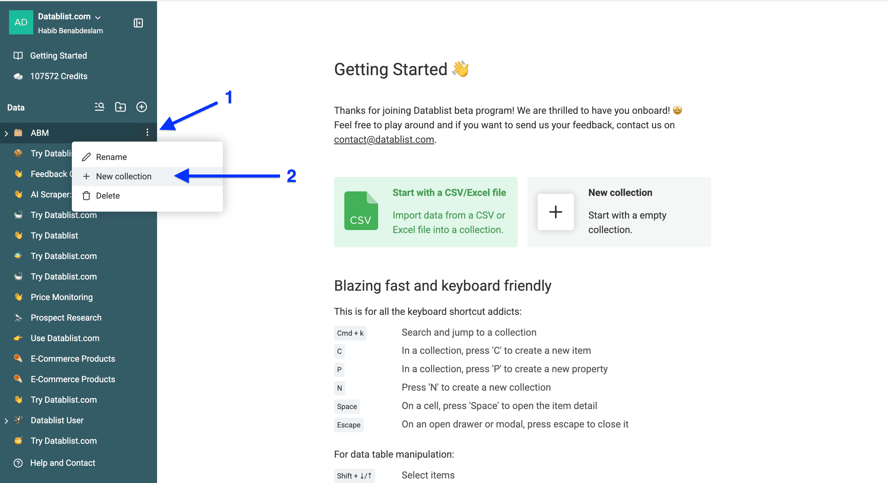 Datablist start page, file creation inside folder