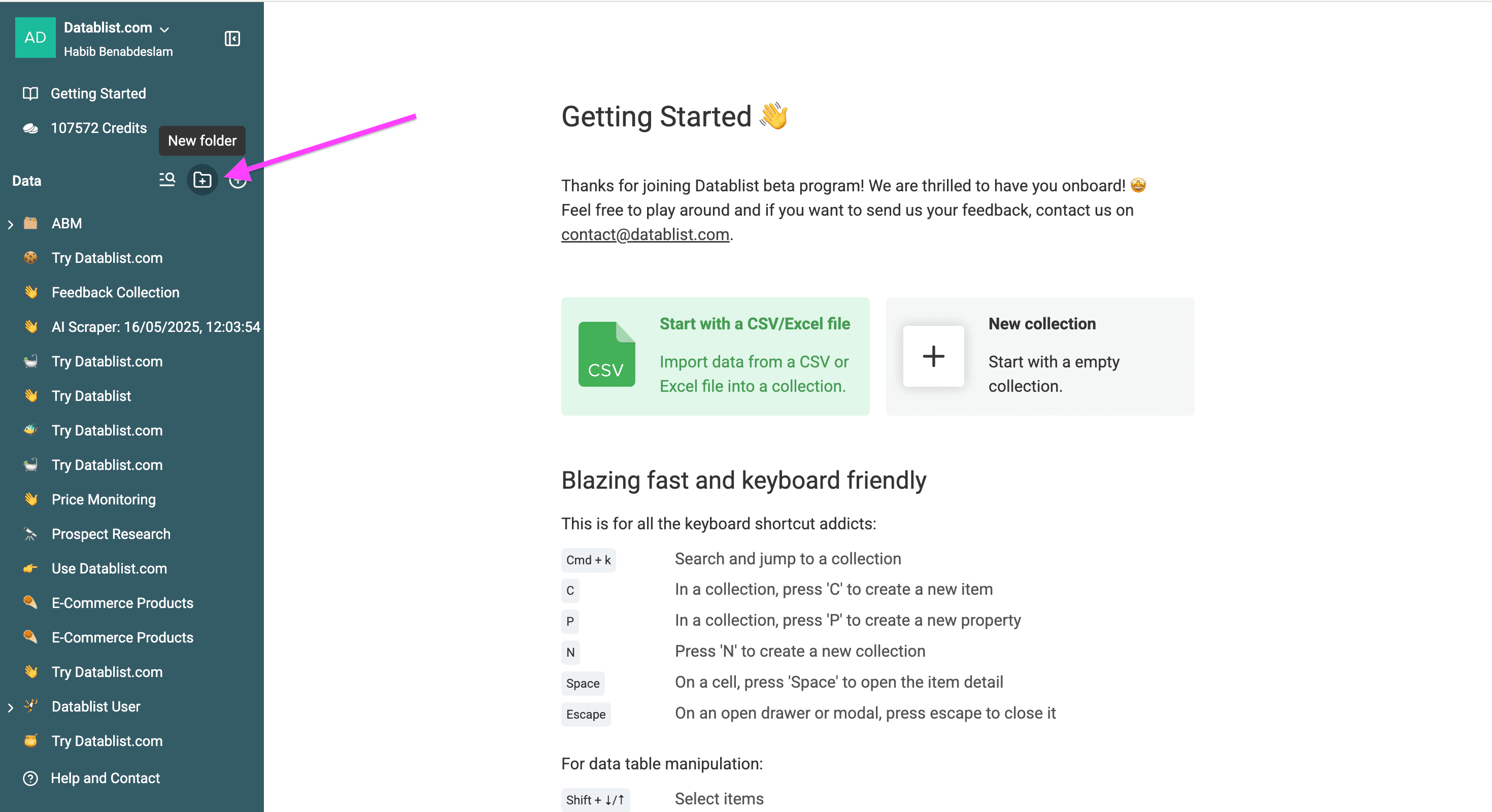 Datablist start page, folder creation
