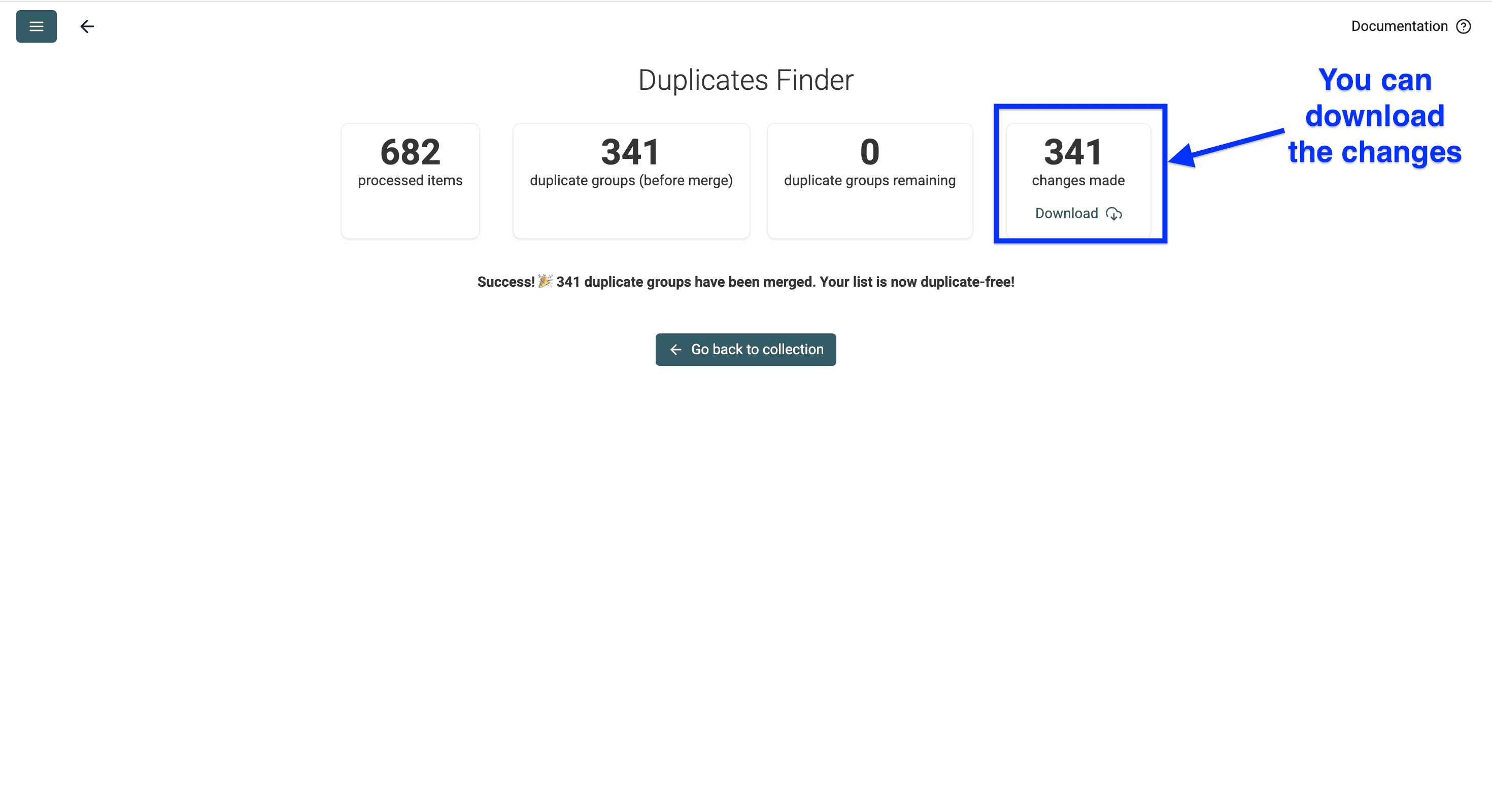 Datablist’s success screen after deduplication