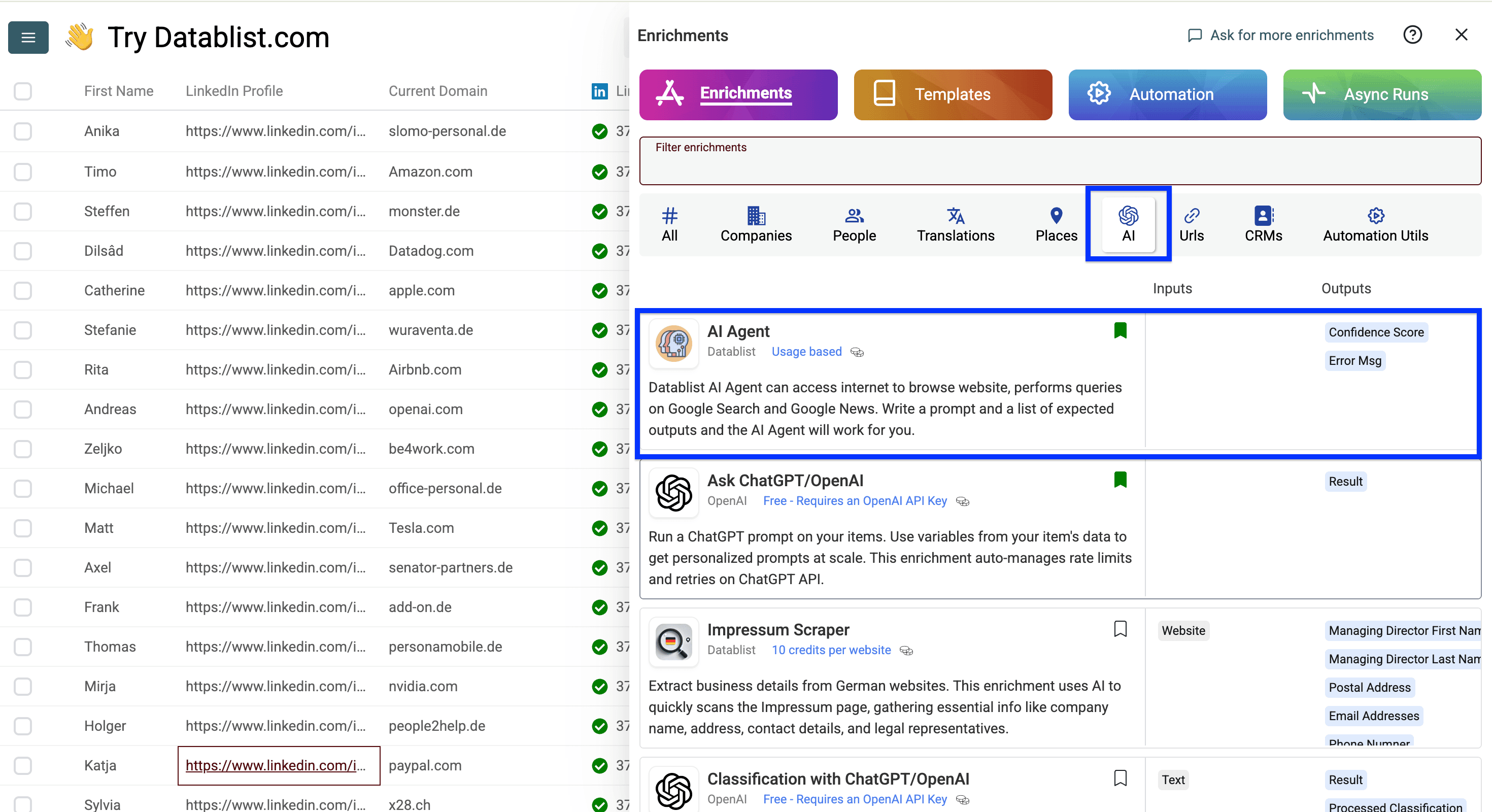 Datablist’s AI enrichment listing, Ask ChatGPT