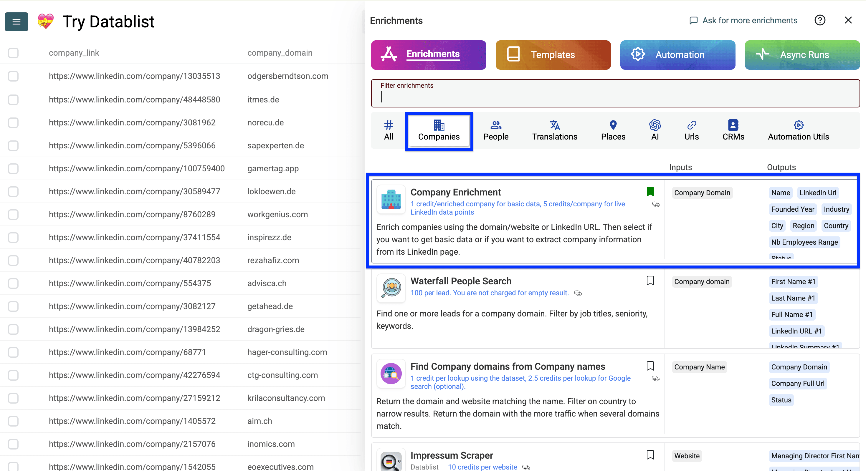 Datablist’s companies enrichment listing, Company Enrichment