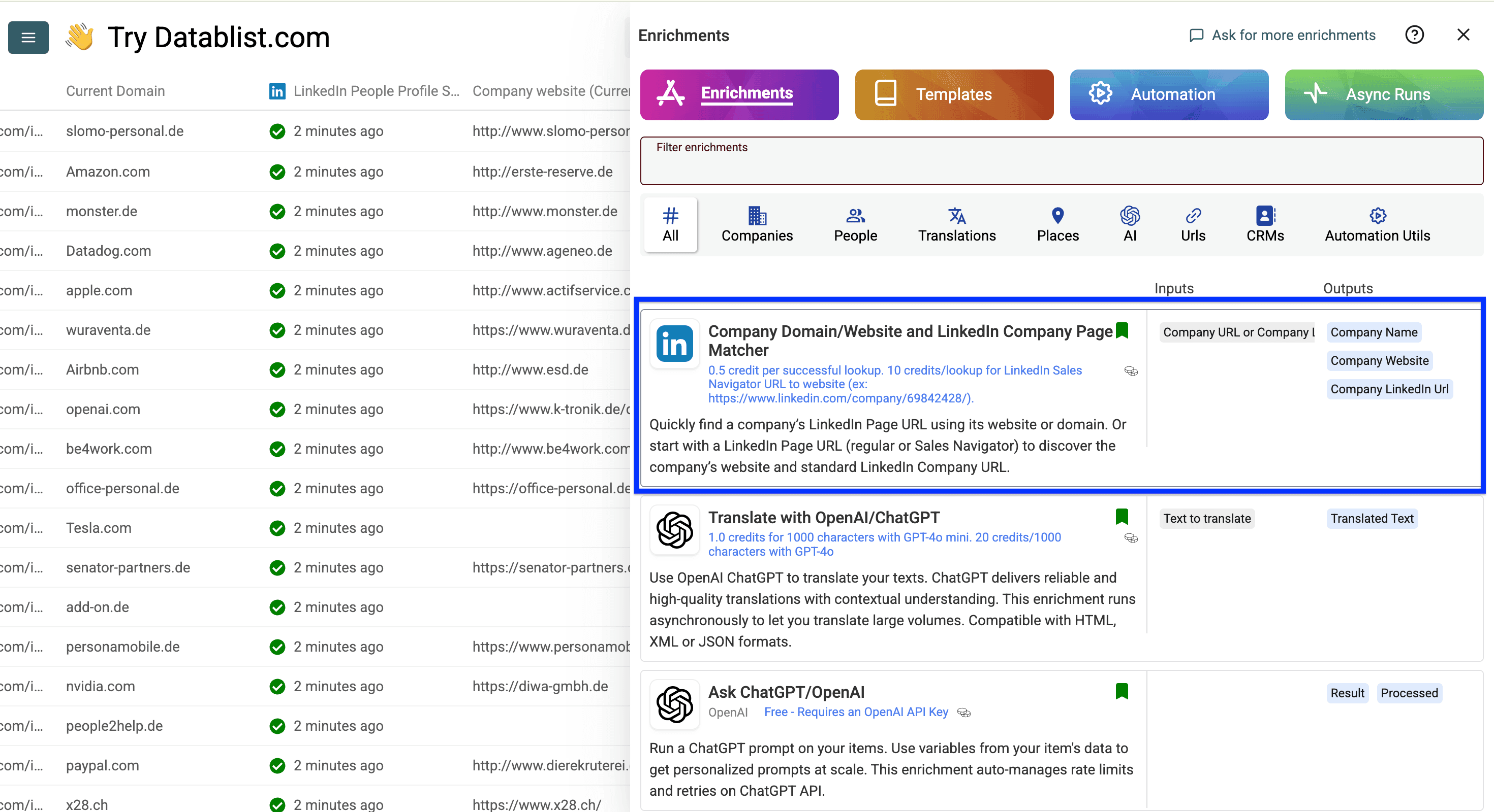 Datablist’s enrichment listing, LinkedIn page to domain