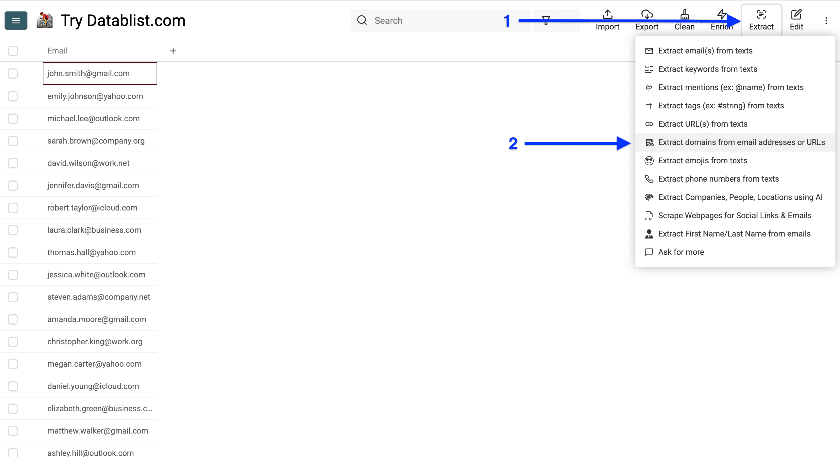 Datablist’s extractor listing, domain extractor