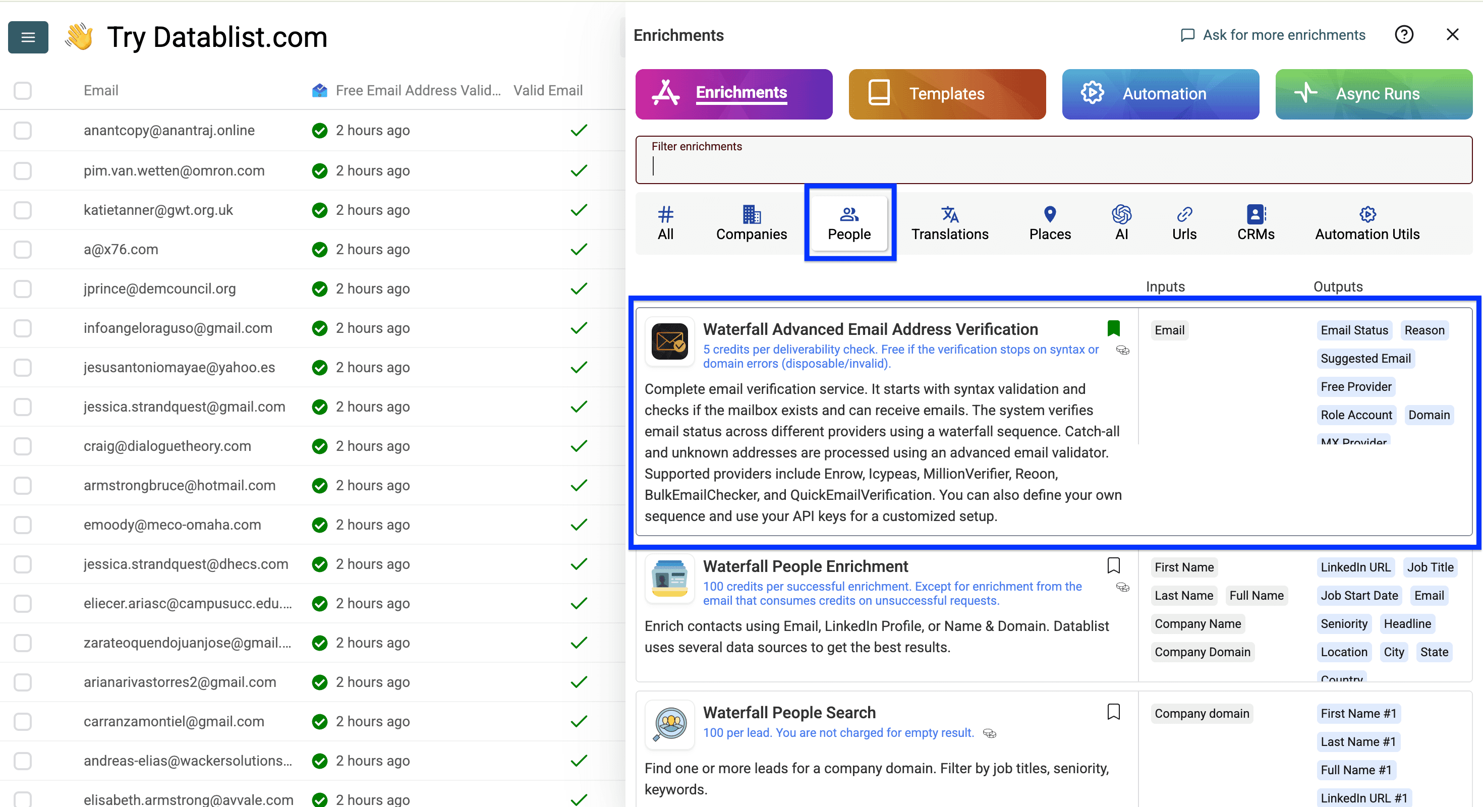 Datablist’s people enrichment listing, Email verifier