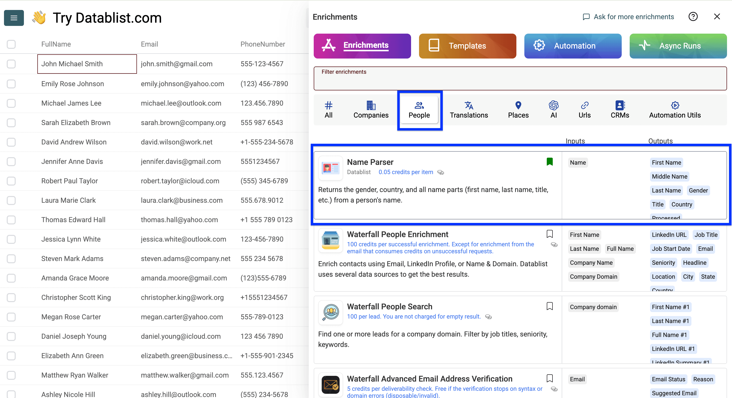 Datablist’s people enrichment listing, Name Parser