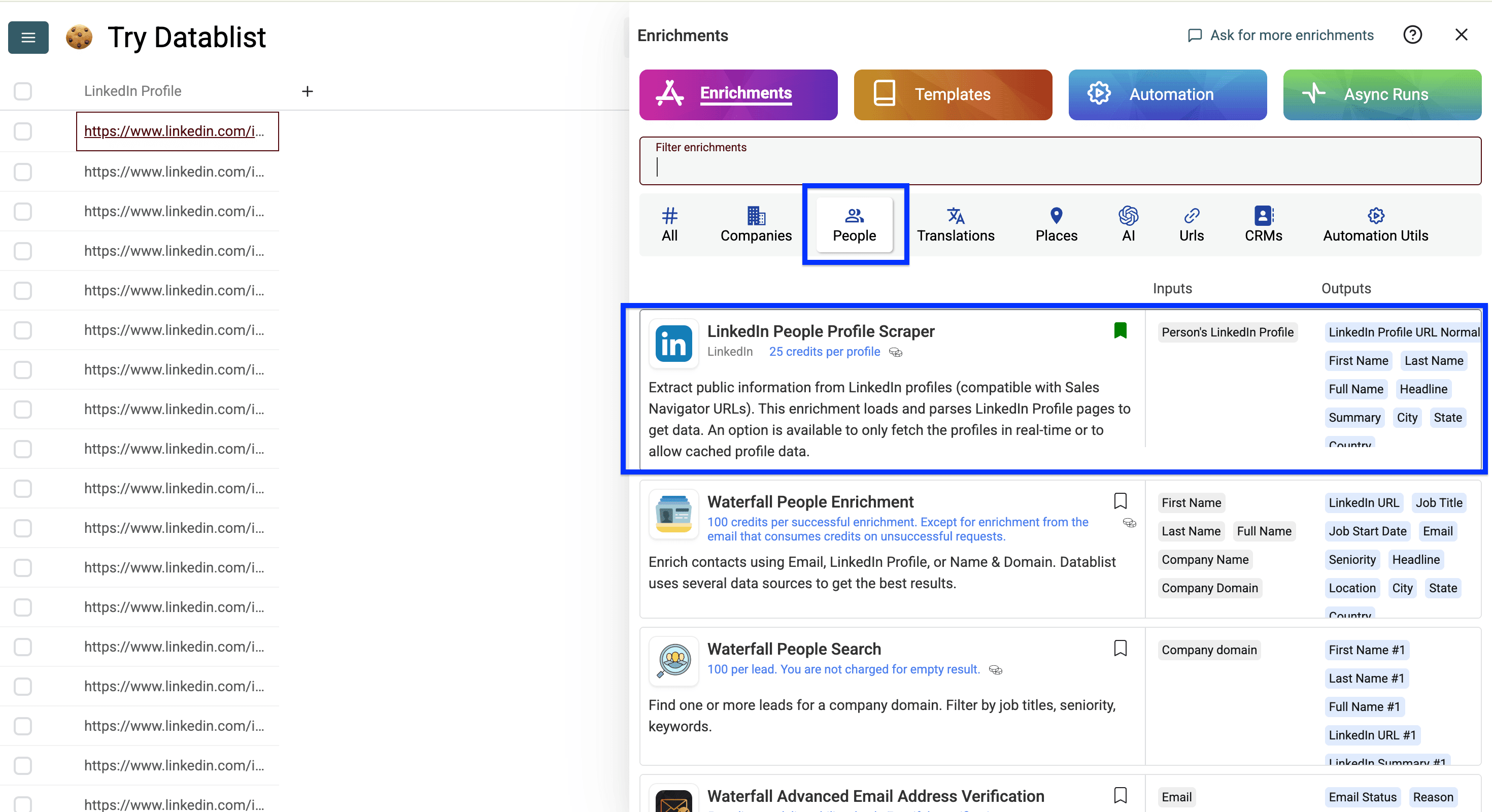 Datablist’s people enrichment listing, LinkedIn Profile Scraper
